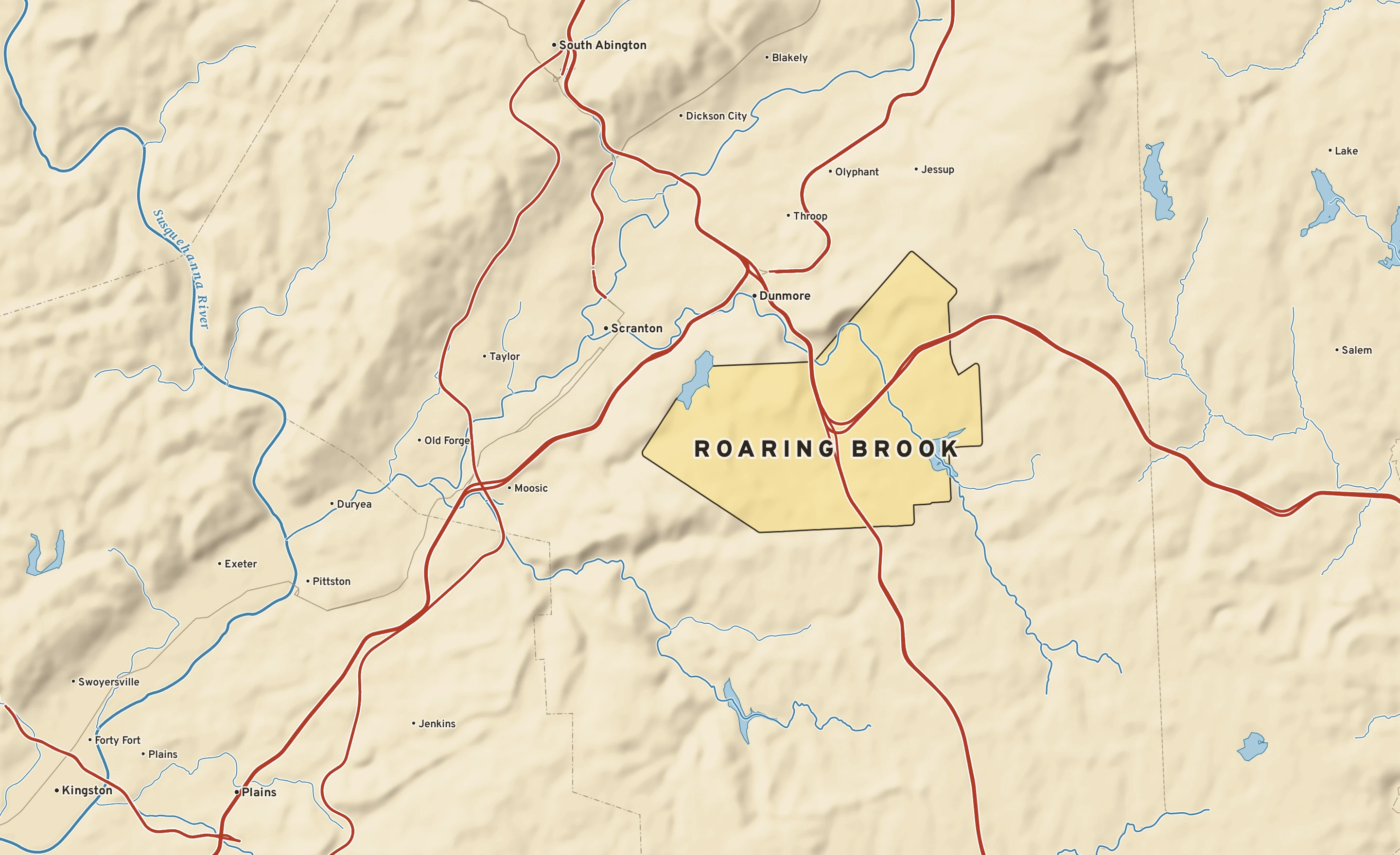 Shaded-relief atlas plate of Roaring Brook, Pennsylvania: rivers, roads, the city limits and where the water drains.