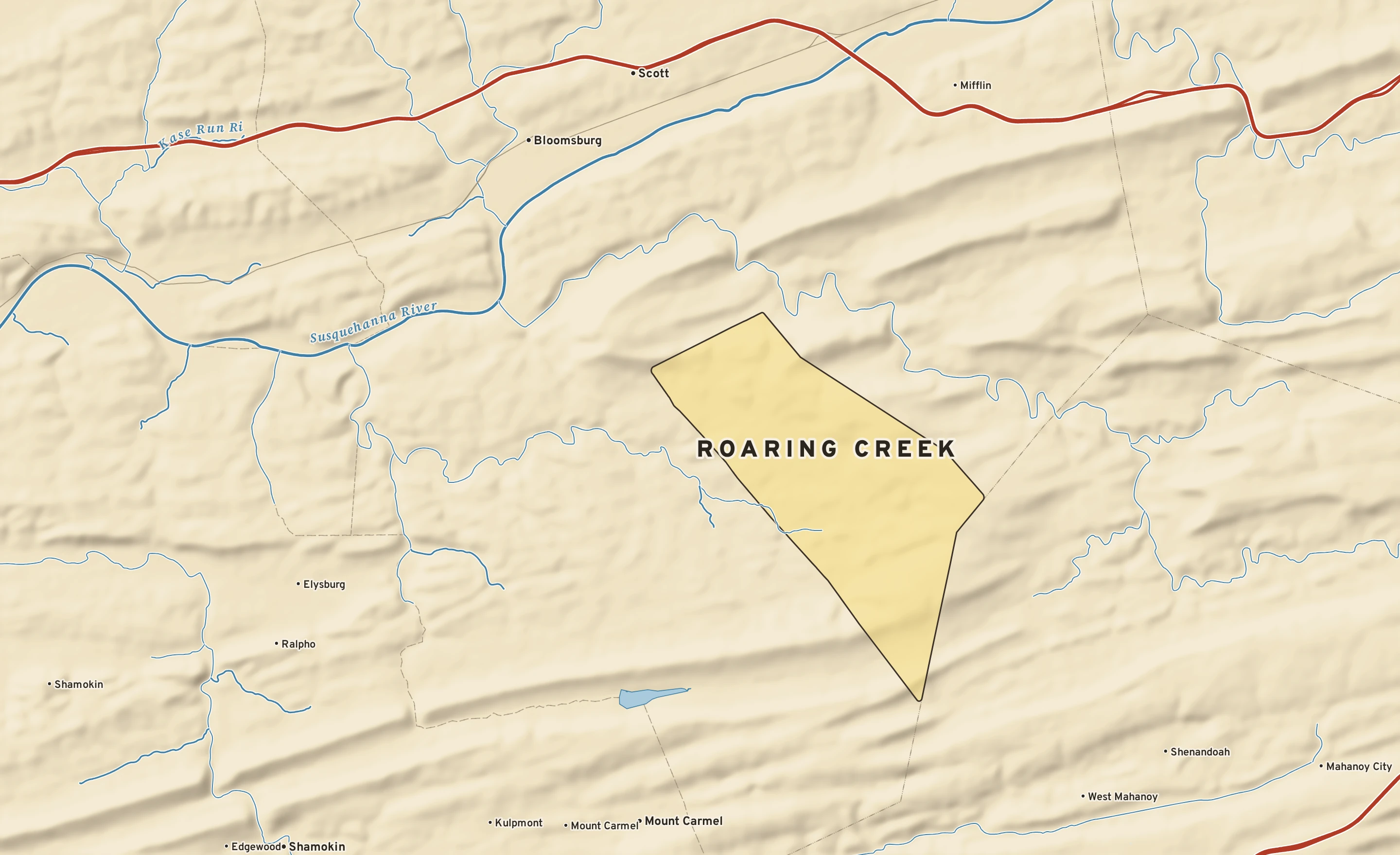 Shaded-relief atlas plate of Roaring Creek, Pennsylvania: rivers, roads, the city limits and where the water drains.