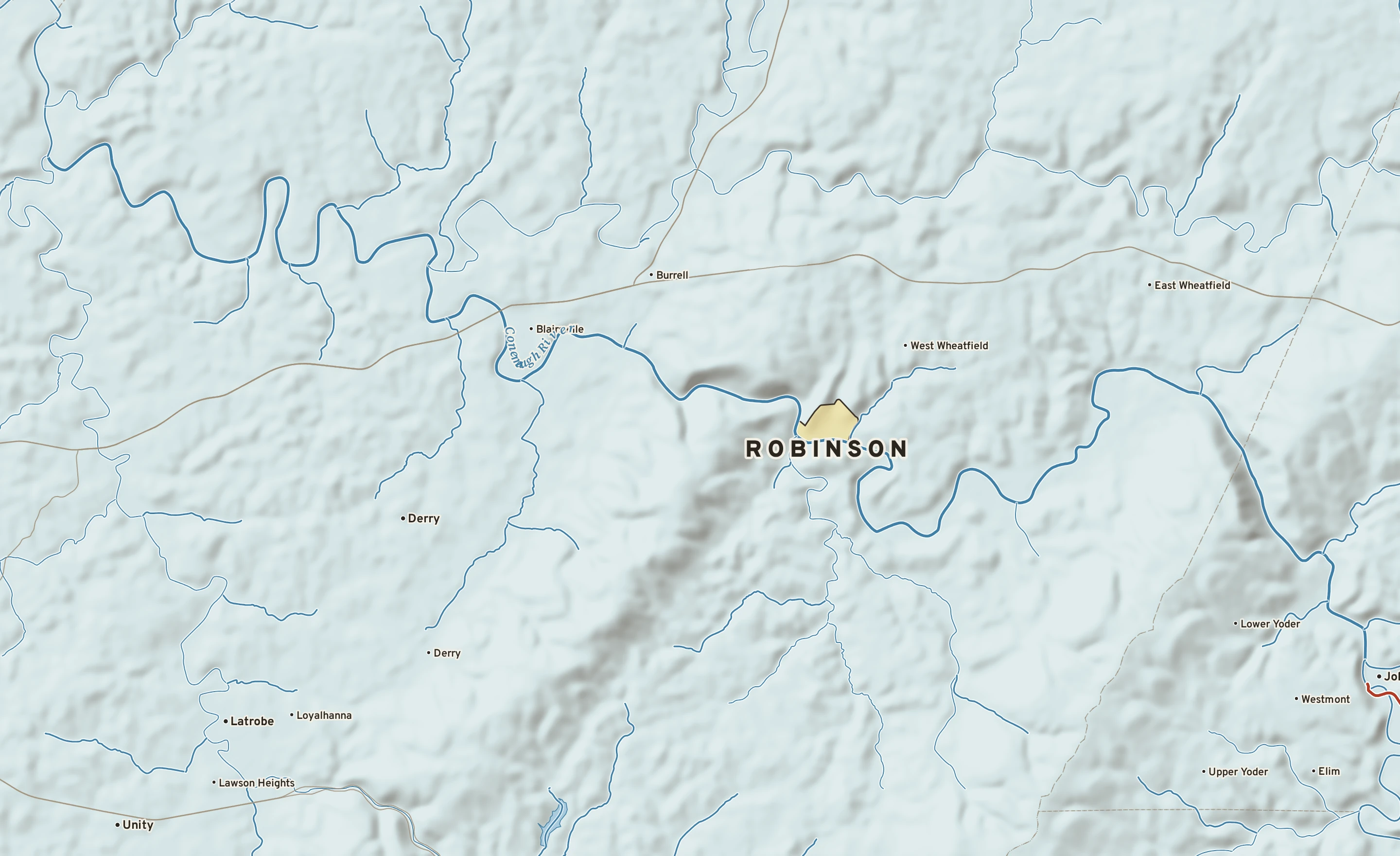 Shaded-relief atlas plate of Robinson, Pennsylvania: rivers, roads, the city limits and where the water drains.