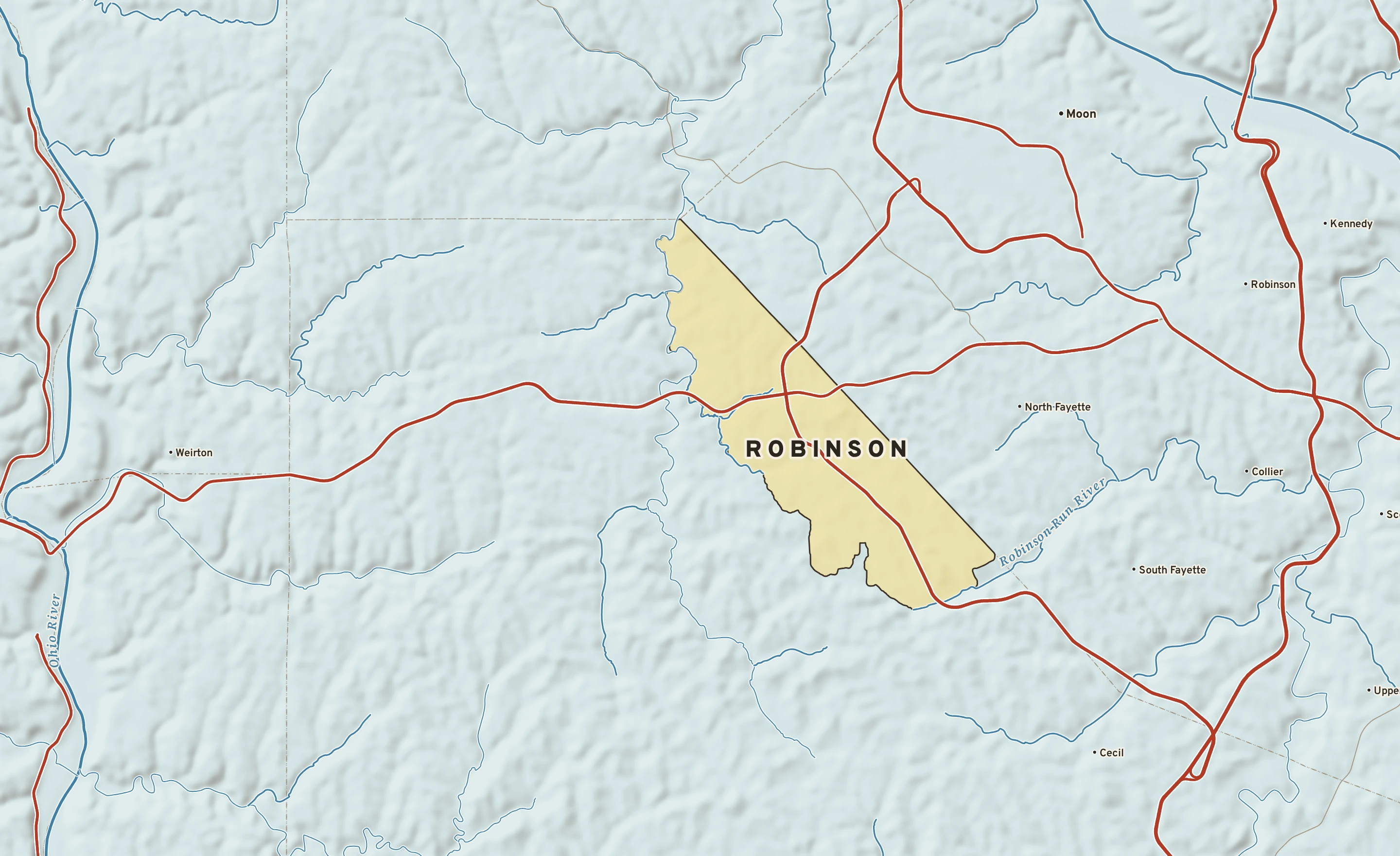 Shaded-relief atlas plate of Robinson, Pennsylvania: rivers, roads, the city limits and where the water drains.