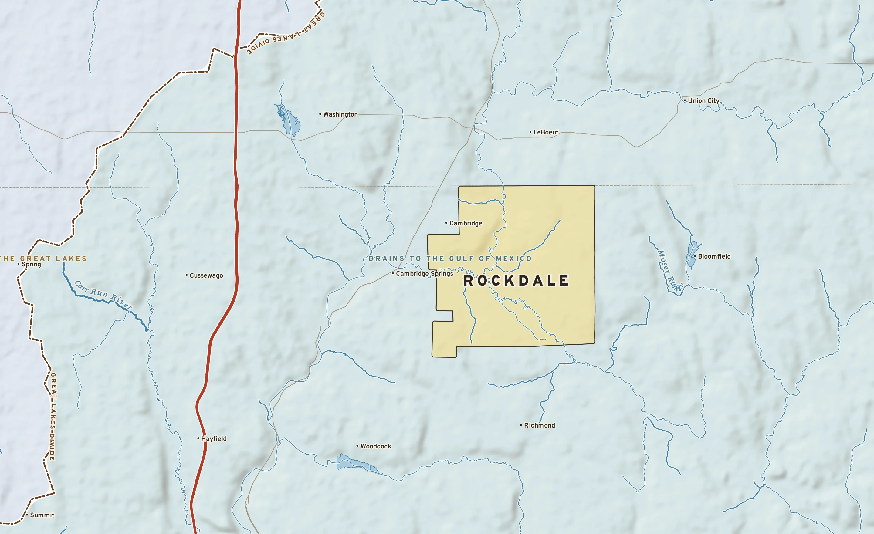 Shaded-relief atlas plate of Rockdale, Pennsylvania: rivers, roads, the city limits and where the water drains.