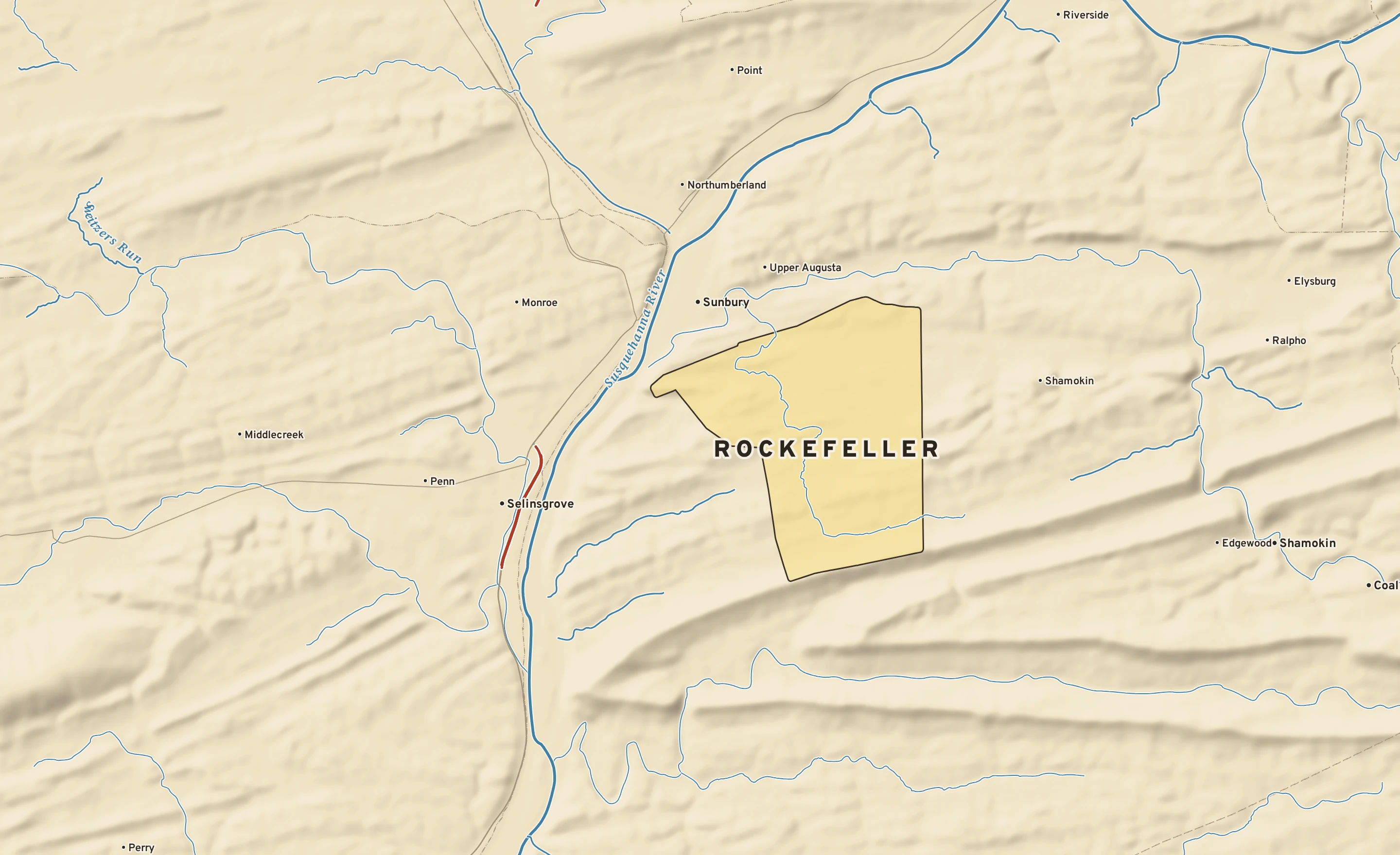Shaded-relief atlas plate of Rockefeller, Pennsylvania: rivers, roads, the city limits and where the water drains.