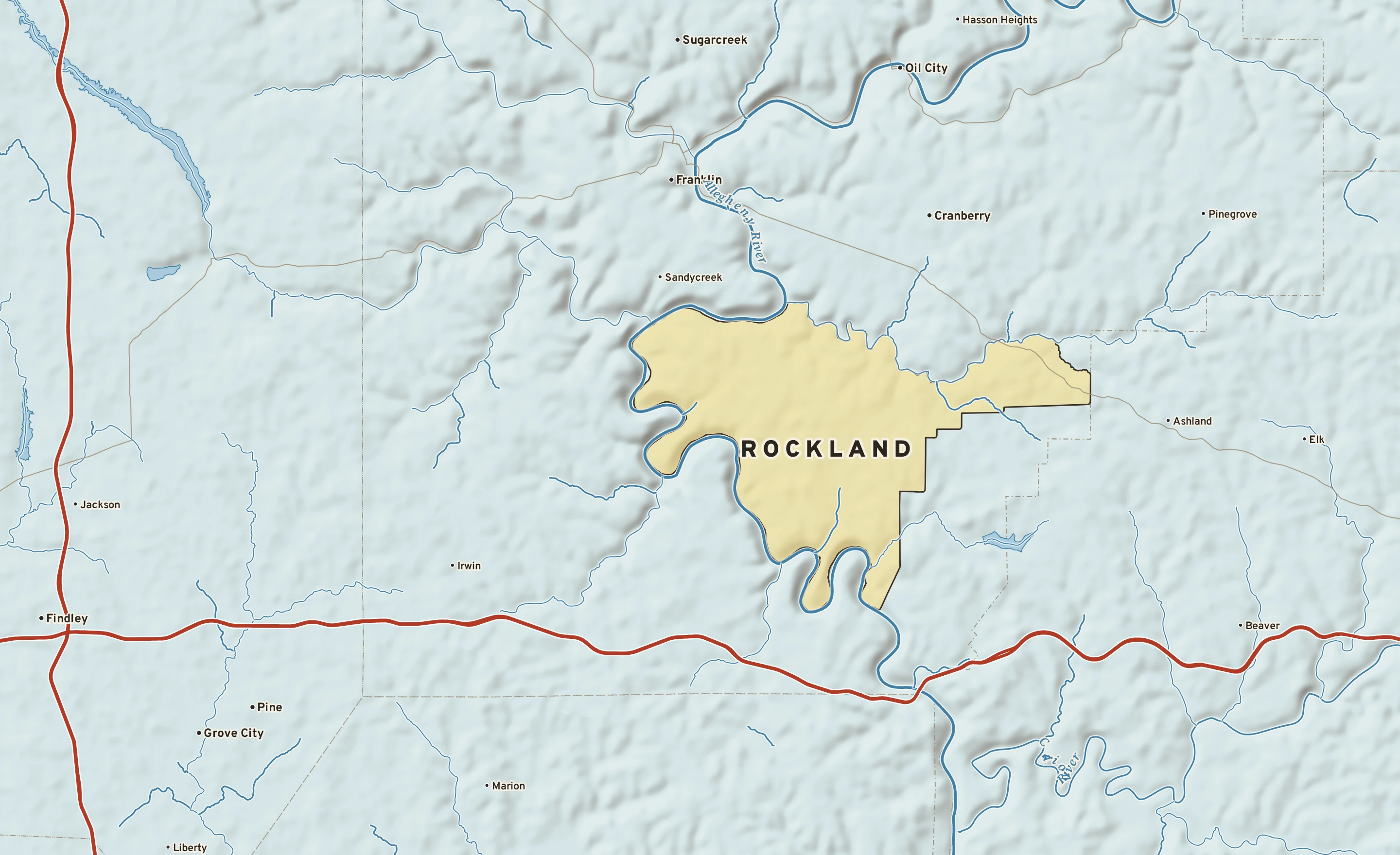 Shaded-relief atlas plate of Rockland, Pennsylvania: rivers, roads, the city limits and where the water drains.