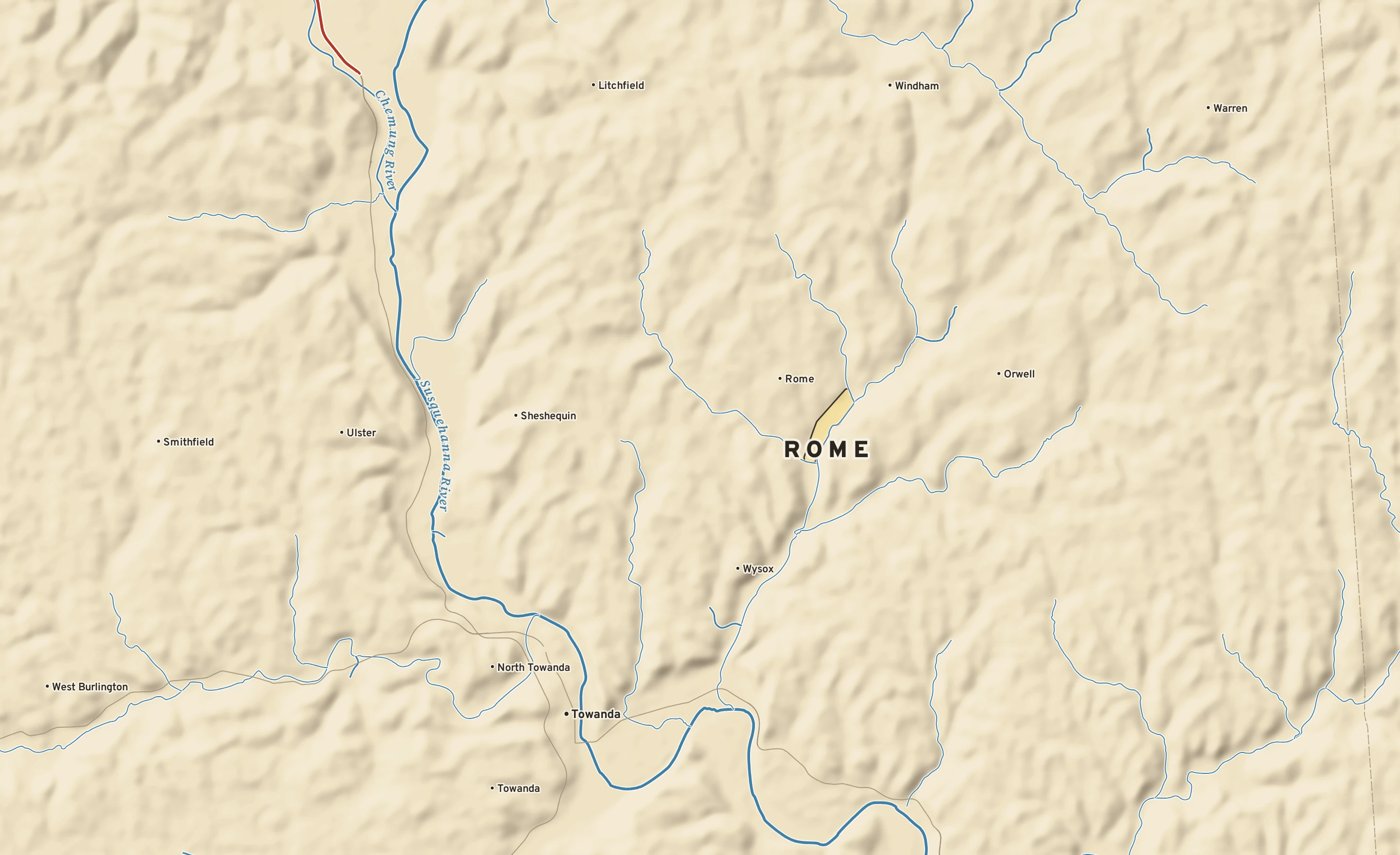 Shaded-relief atlas plate of Rome, Pennsylvania: rivers, roads, the city limits and where the water drains.