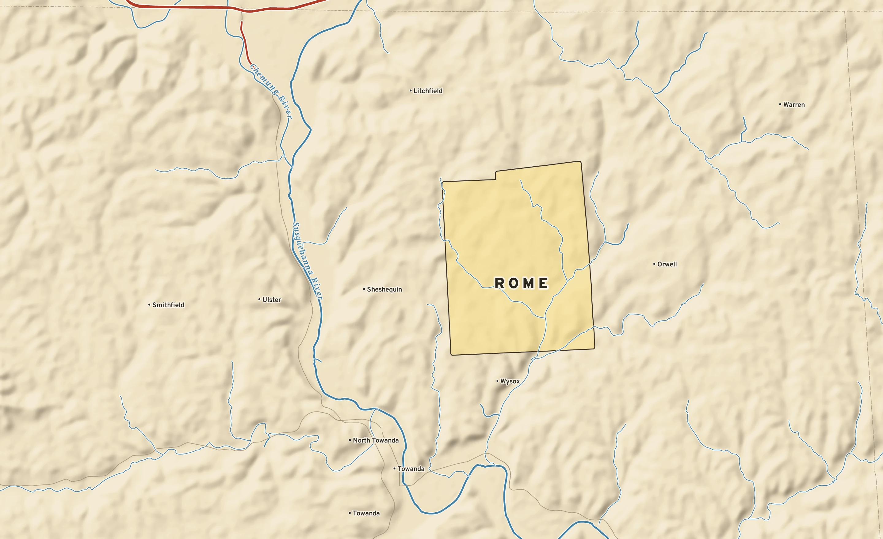 Shaded-relief atlas plate of Rome, Pennsylvania: rivers, roads, the city limits and where the water drains.