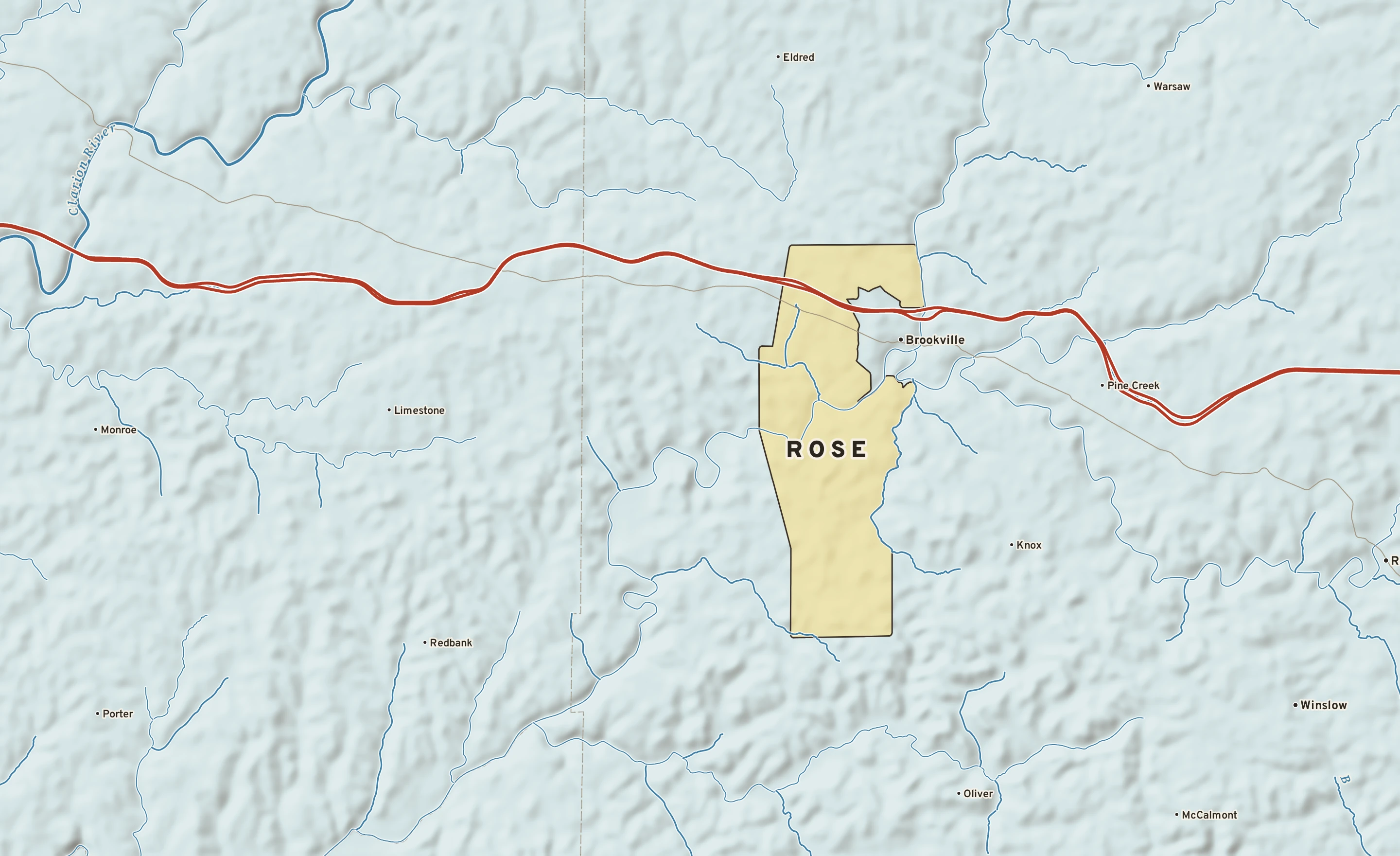 Shaded-relief atlas plate of Rose, Pennsylvania: rivers, roads, the city limits and where the water drains.