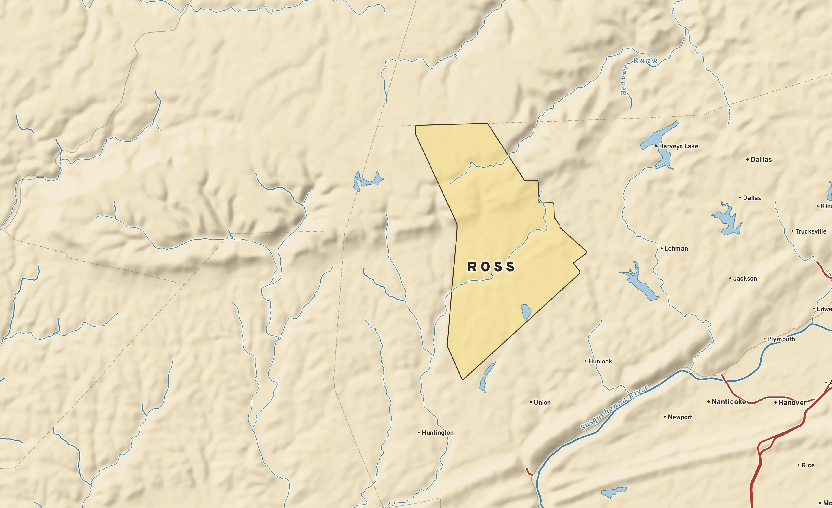 Shaded-relief atlas plate of Ross, Pennsylvania: rivers, roads, the city limits and where the water drains.