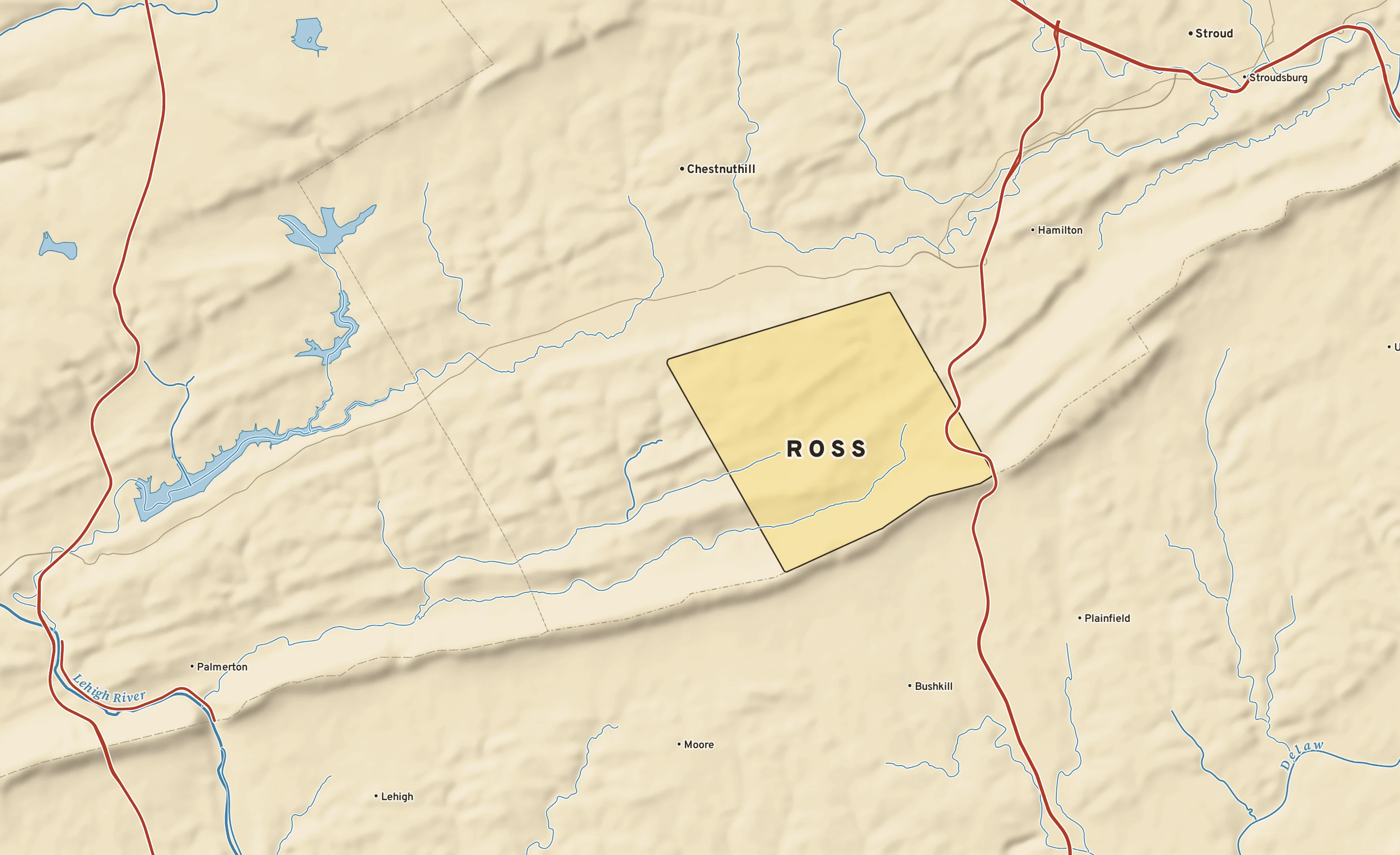 Shaded-relief atlas plate of Ross, Pennsylvania: rivers, roads, the city limits and where the water drains.