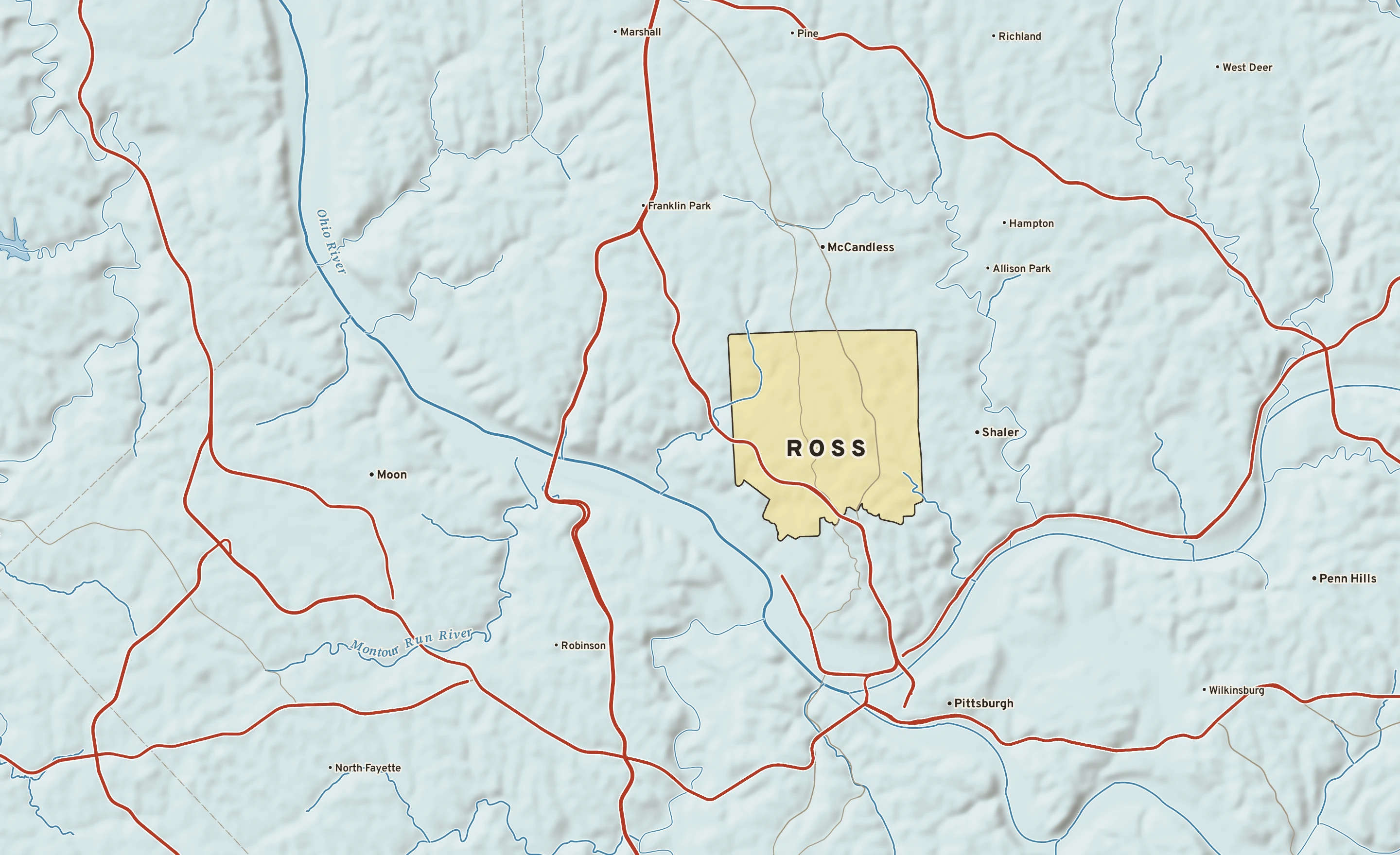 Shaded-relief atlas plate of Ross, Pennsylvania: rivers, roads, the city limits and where the water drains.