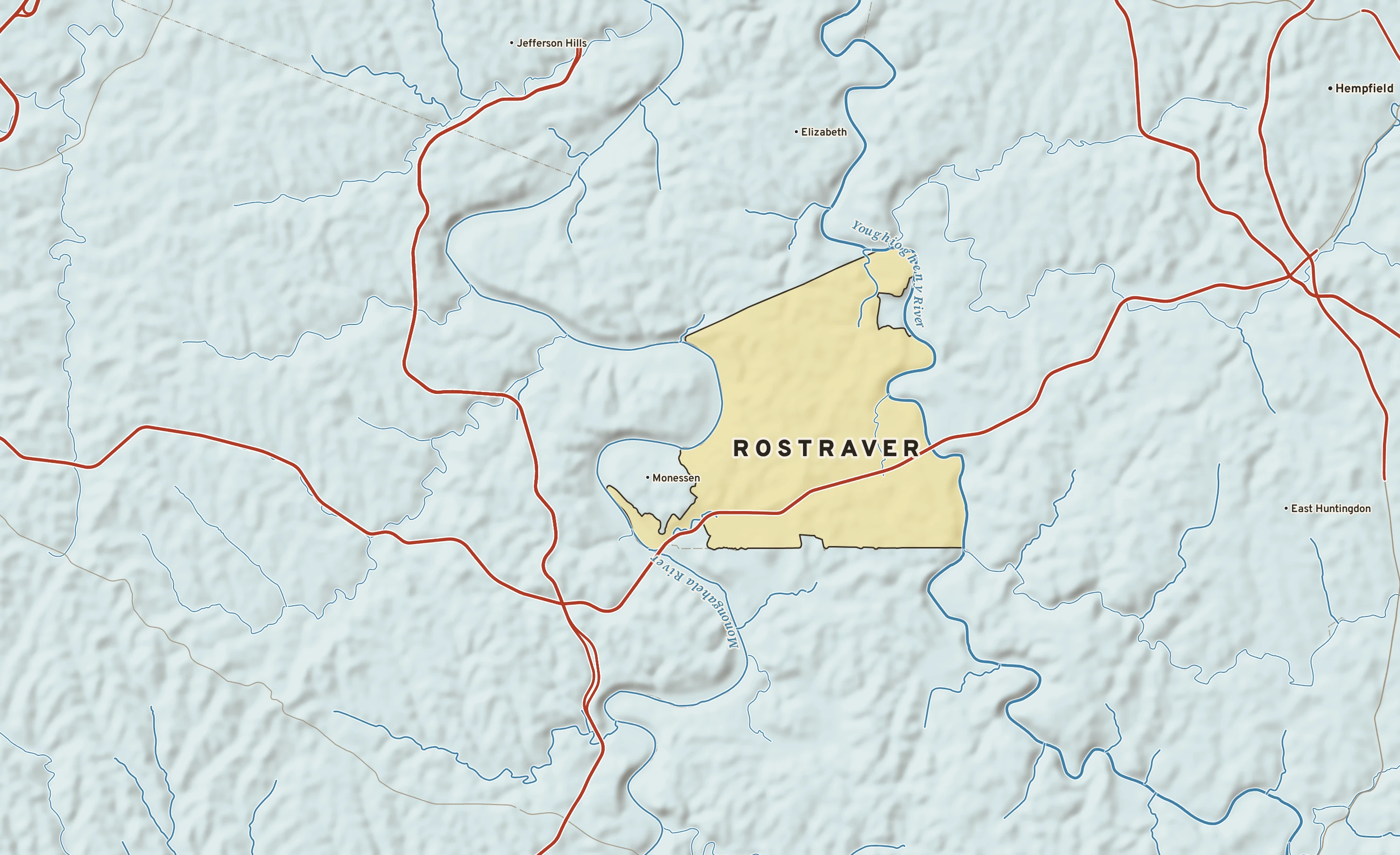 Shaded-relief atlas plate of Rostraver, Pennsylvania: rivers, roads, the city limits and where the water drains.