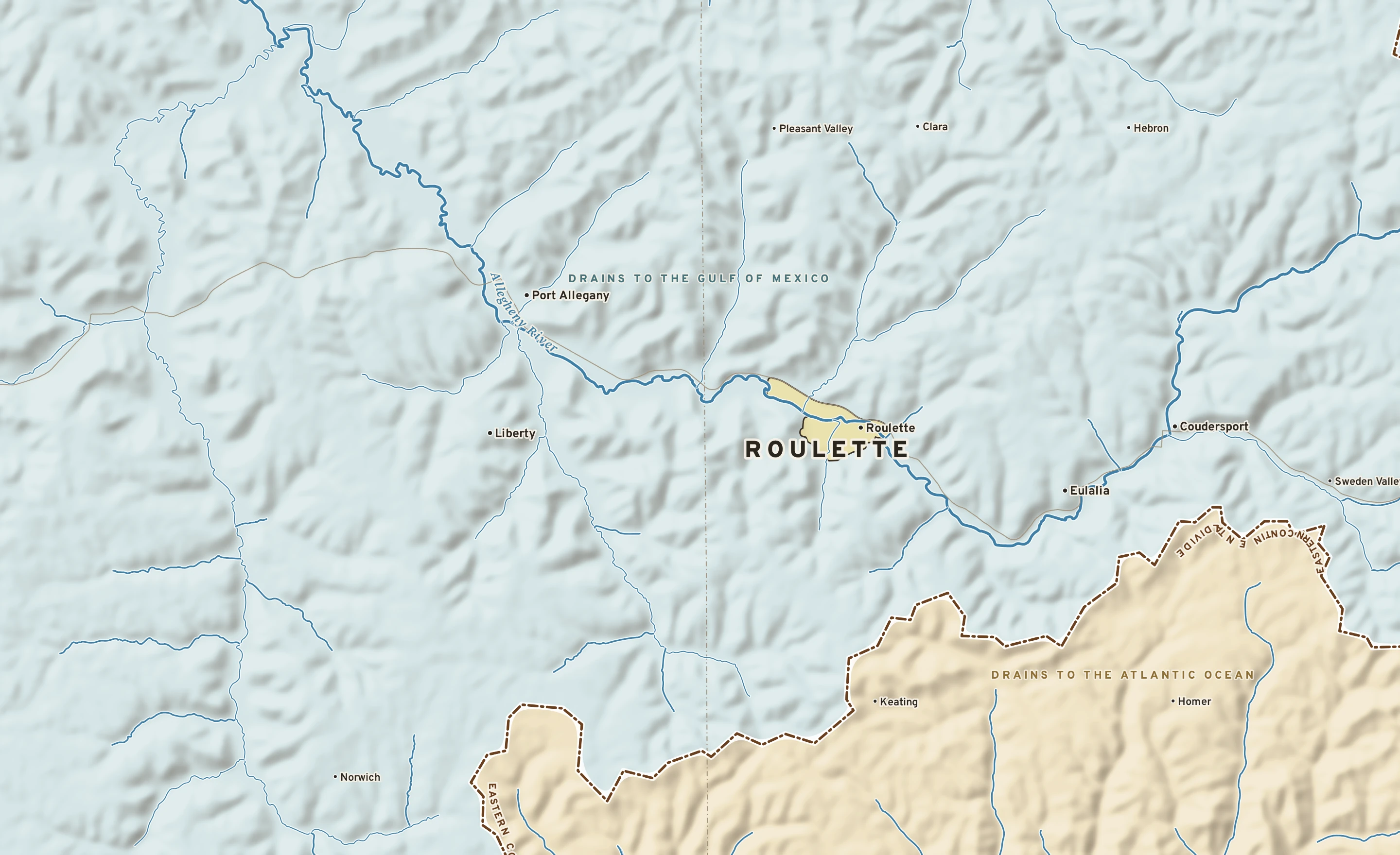 Shaded-relief atlas plate of Roulette, Pennsylvania: rivers, roads, the city limits and where the water drains.