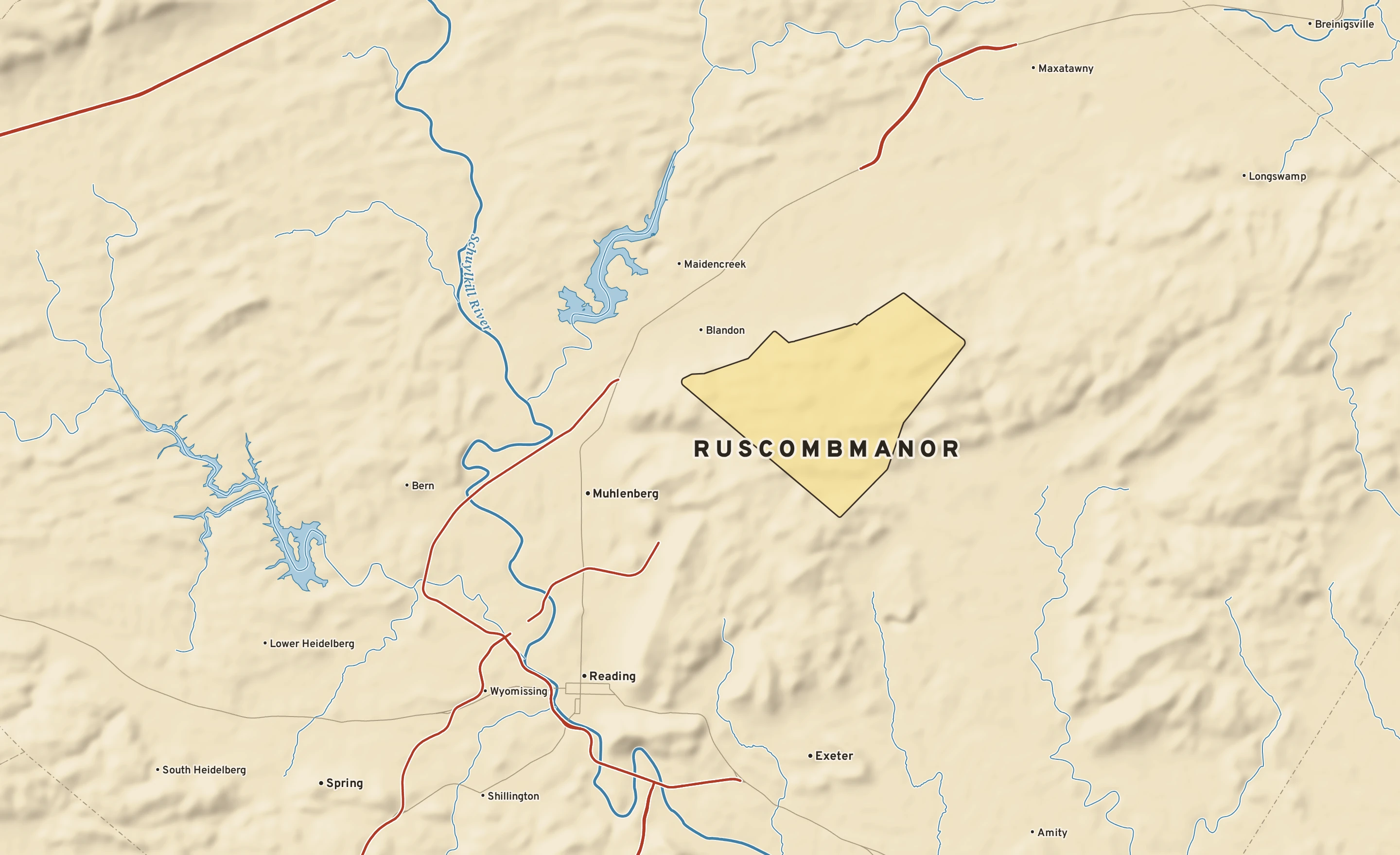 Shaded-relief atlas plate of Ruscombmanor, Pennsylvania: rivers, roads, the city limits and where the water drains.