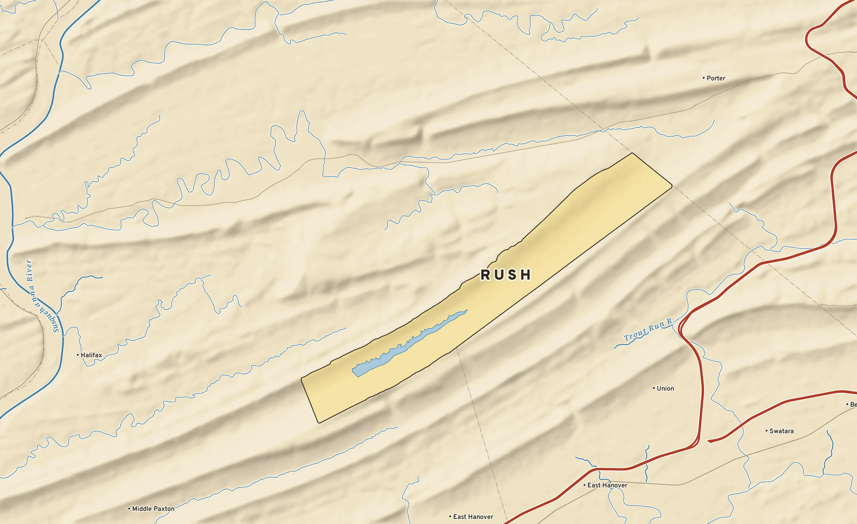Shaded-relief atlas plate of Rush, Pennsylvania: rivers, roads, the city limits and where the water drains.