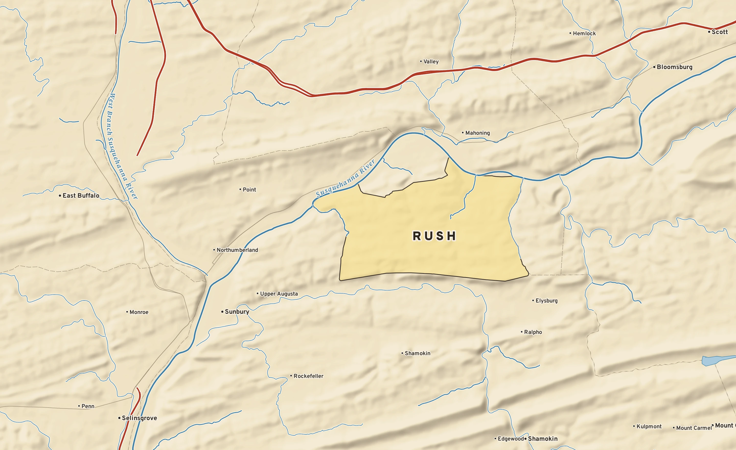 Shaded-relief atlas plate of Rush, Pennsylvania: rivers, roads, the city limits and where the water drains.