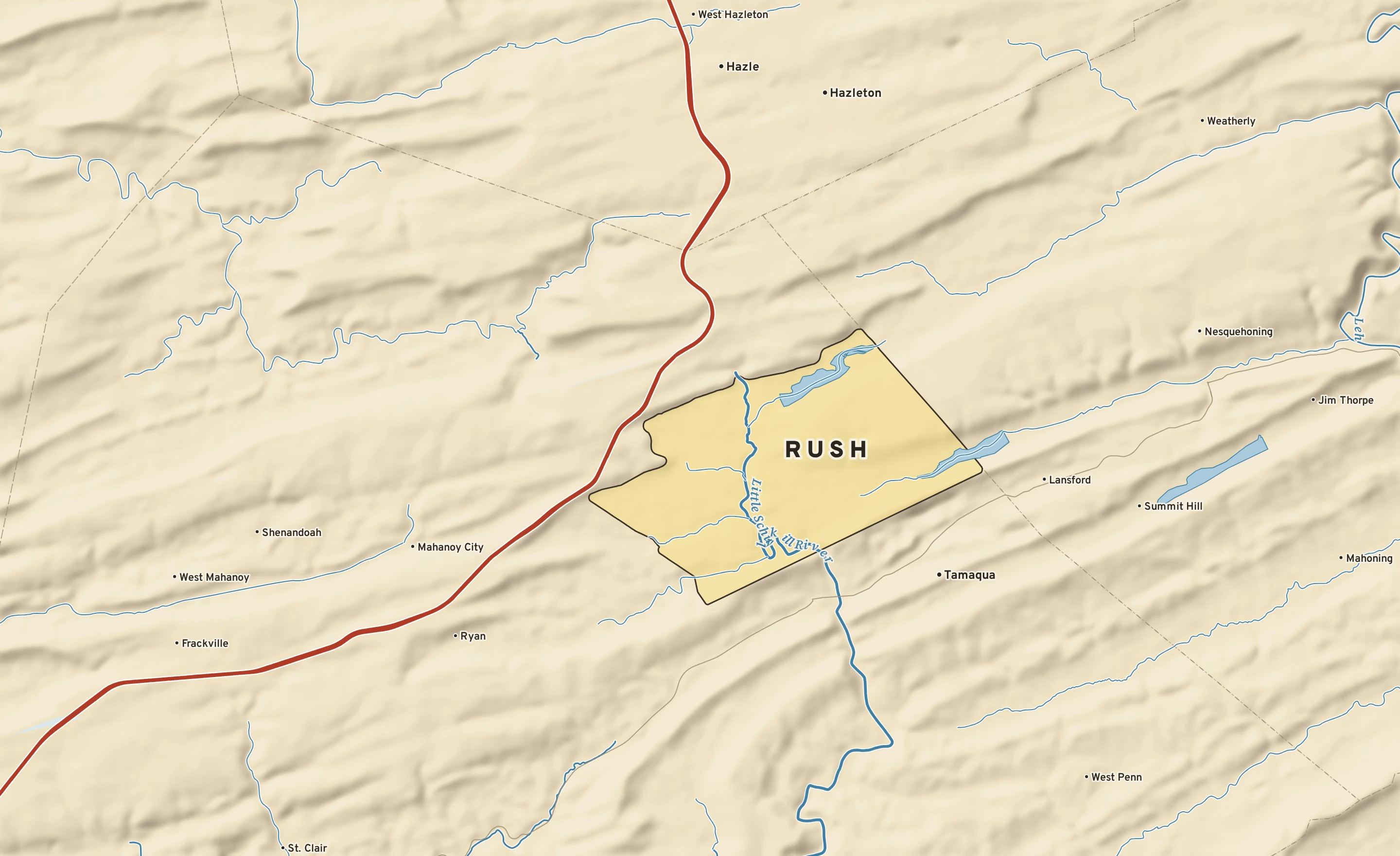 Shaded-relief atlas plate of Rush, Pennsylvania: rivers, roads, the city limits and where the water drains.