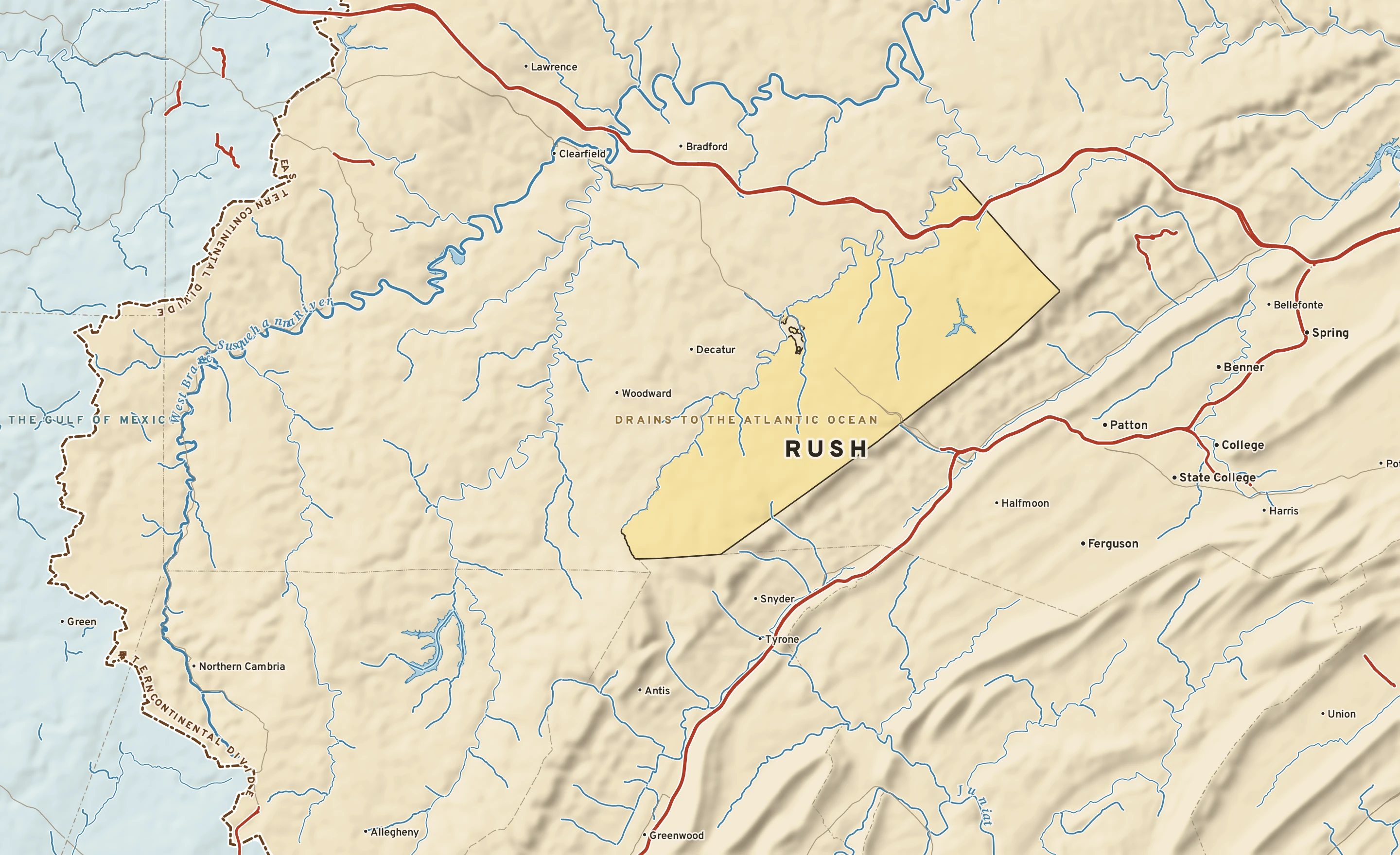 Shaded-relief atlas plate of Rush, Pennsylvania: rivers, roads, the city limits and where the water drains.