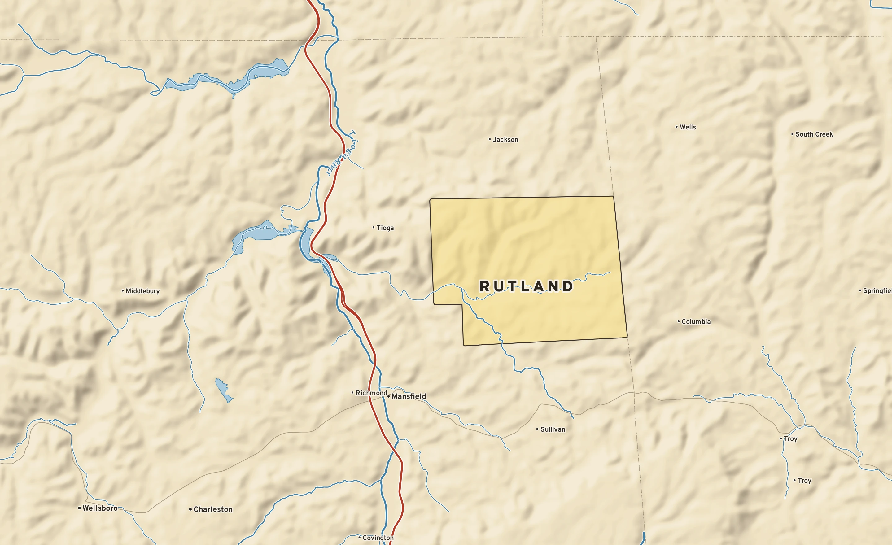 Shaded-relief atlas plate of Rutland, Pennsylvania: rivers, roads, the city limits and where the water drains.