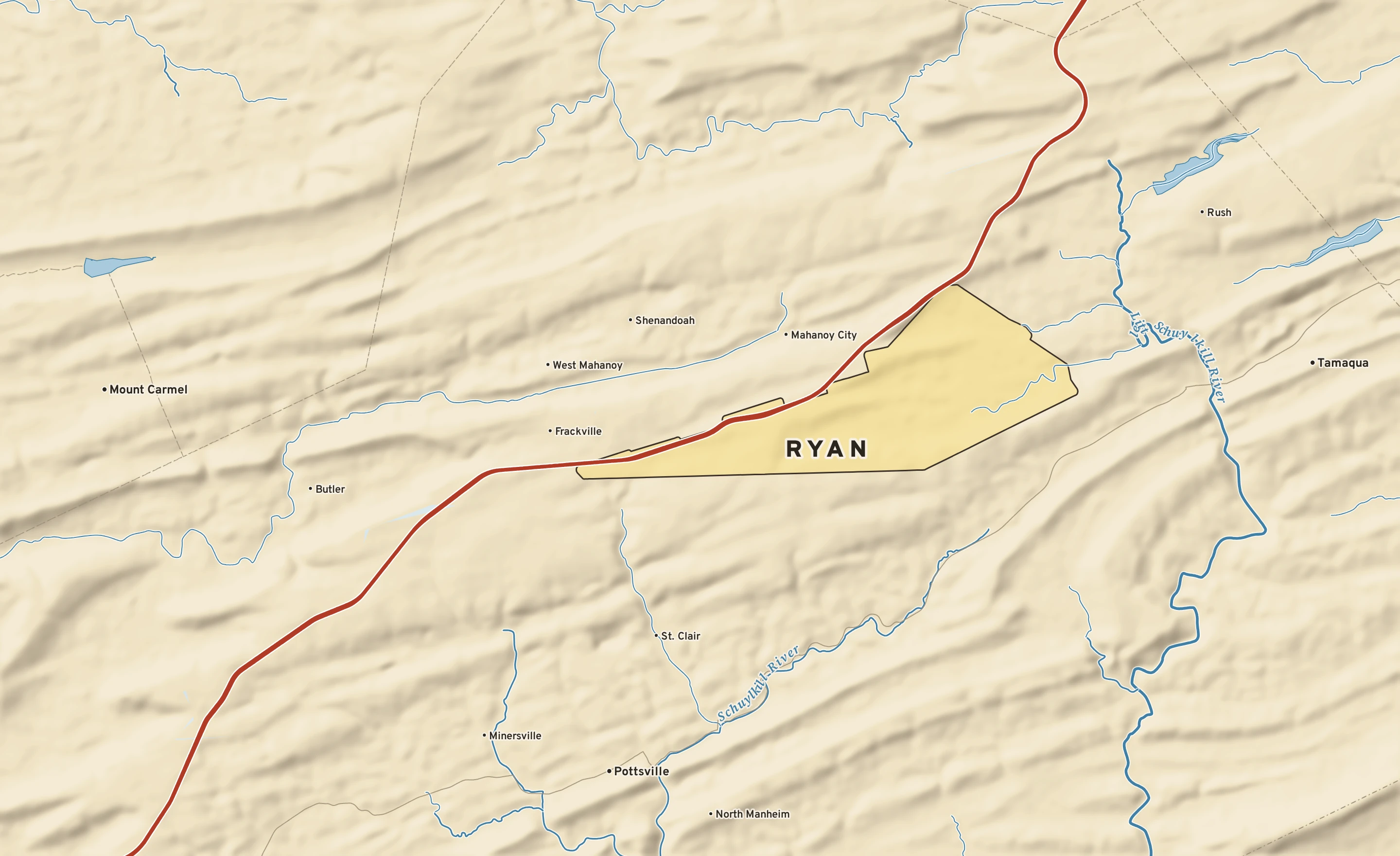 Shaded-relief atlas plate of Ryan, Pennsylvania: rivers, roads, the city limits and where the water drains.