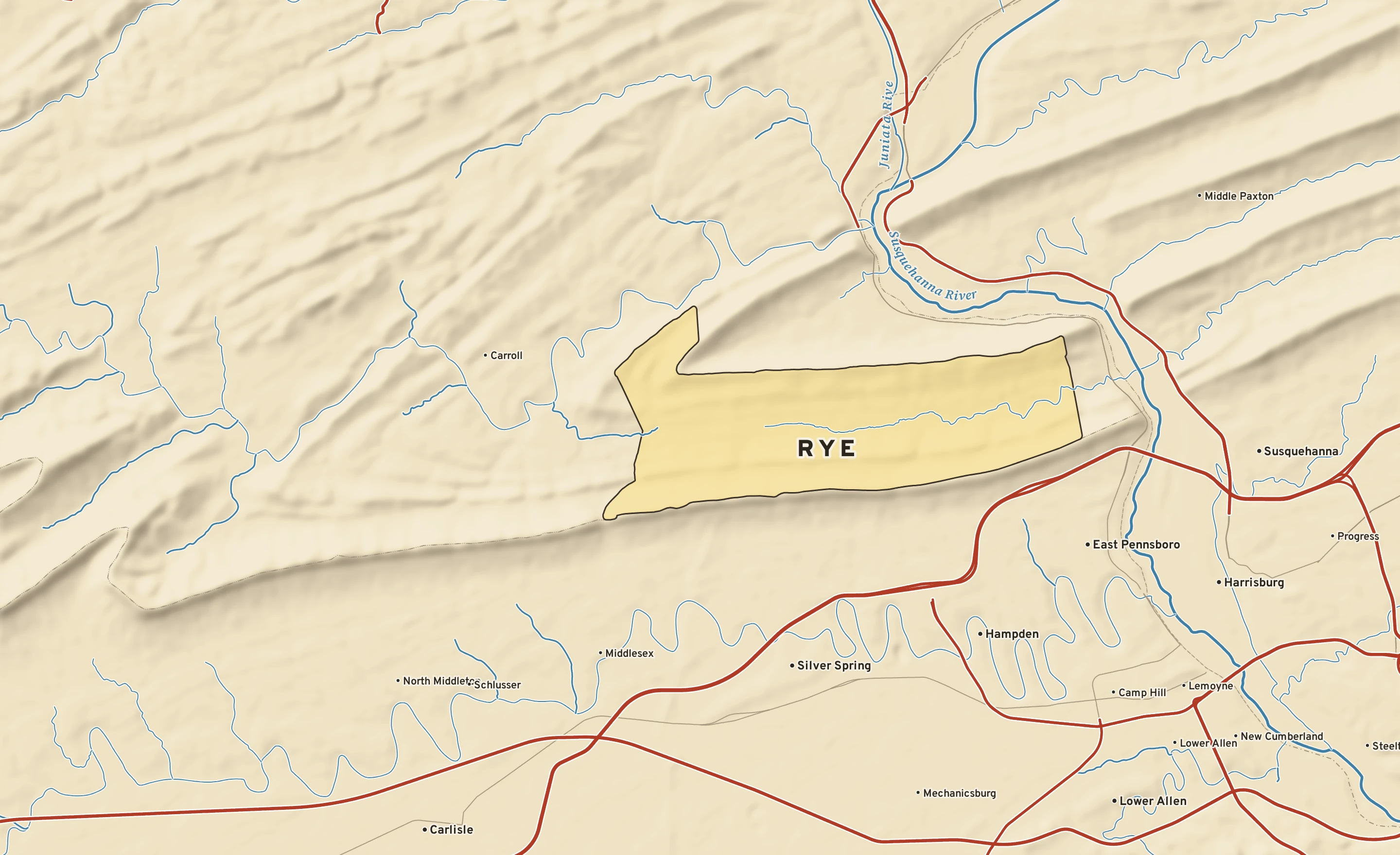 Shaded-relief atlas plate of Rye, Pennsylvania: rivers, roads, the city limits and where the water drains.