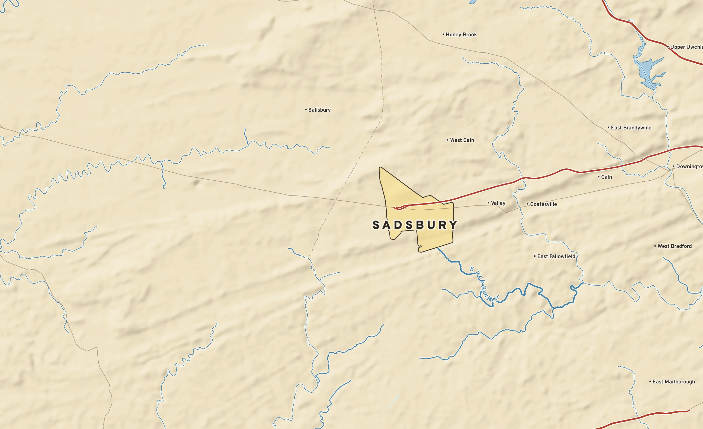 Shaded-relief atlas plate of Sadsbury, Pennsylvania: rivers, roads, the city limits and where the water drains.