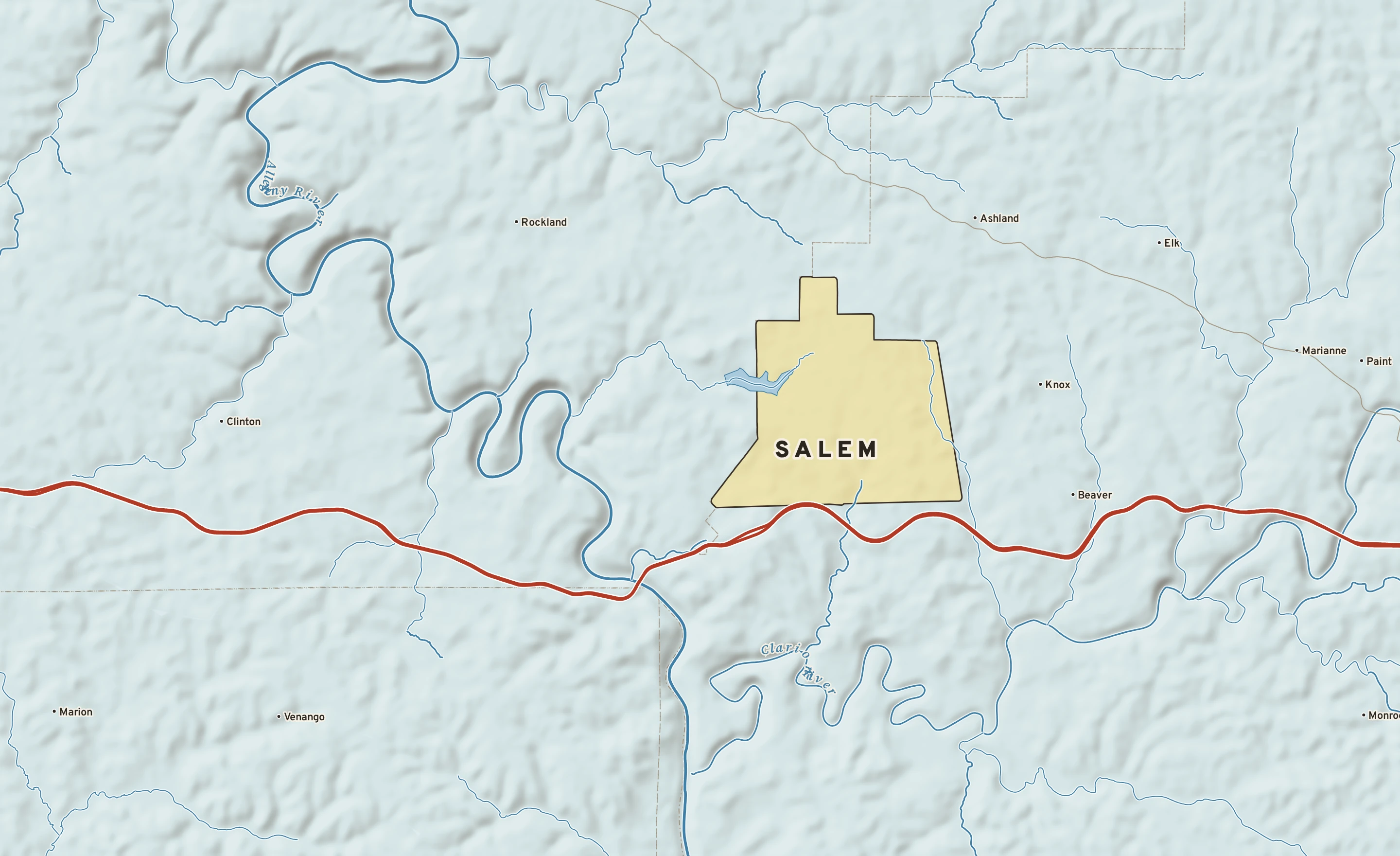 Shaded-relief atlas plate of Salem, Pennsylvania: rivers, roads, the city limits and where the water drains.