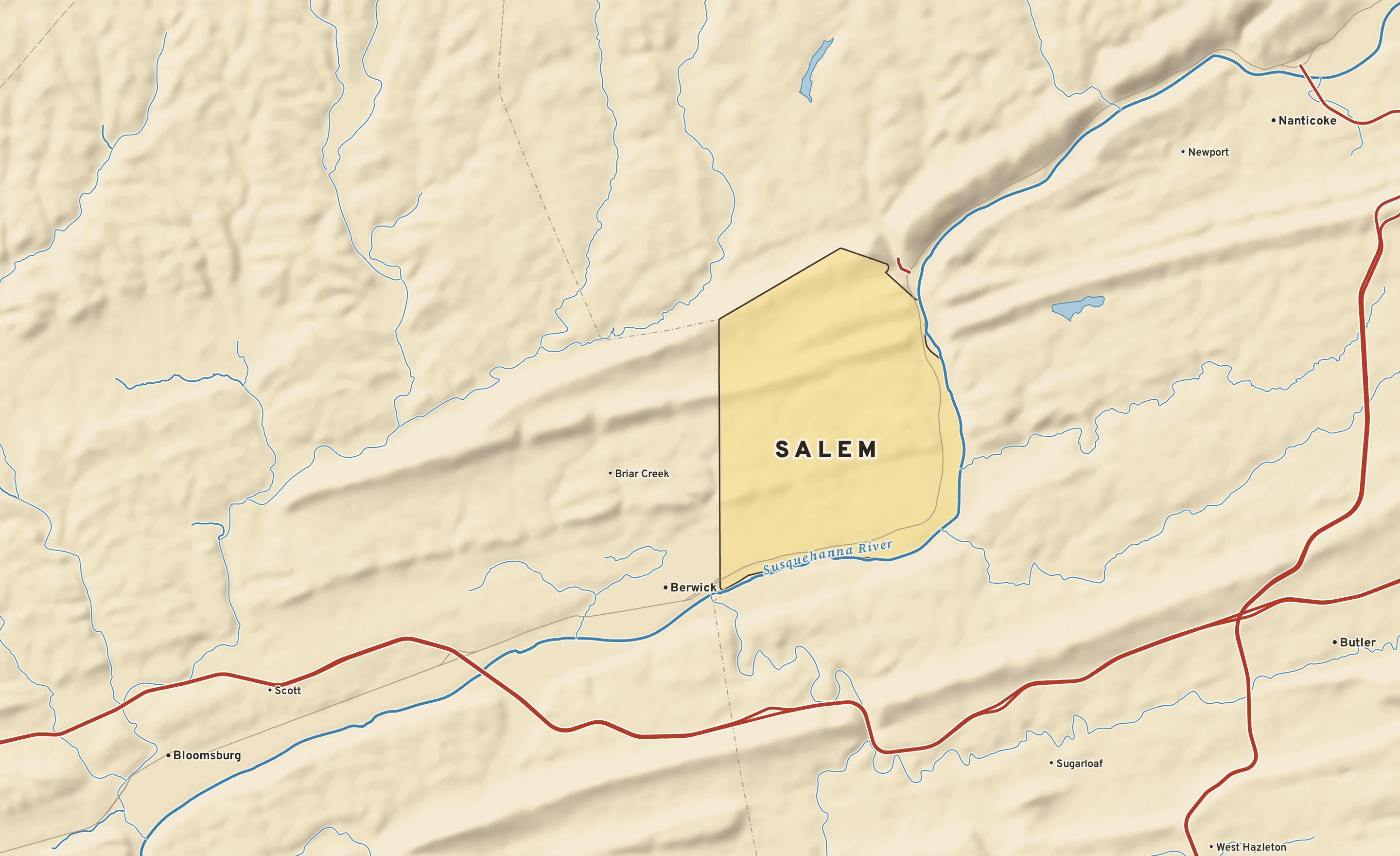 Shaded-relief atlas plate of Salem, Pennsylvania: rivers, roads, the city limits and where the water drains.