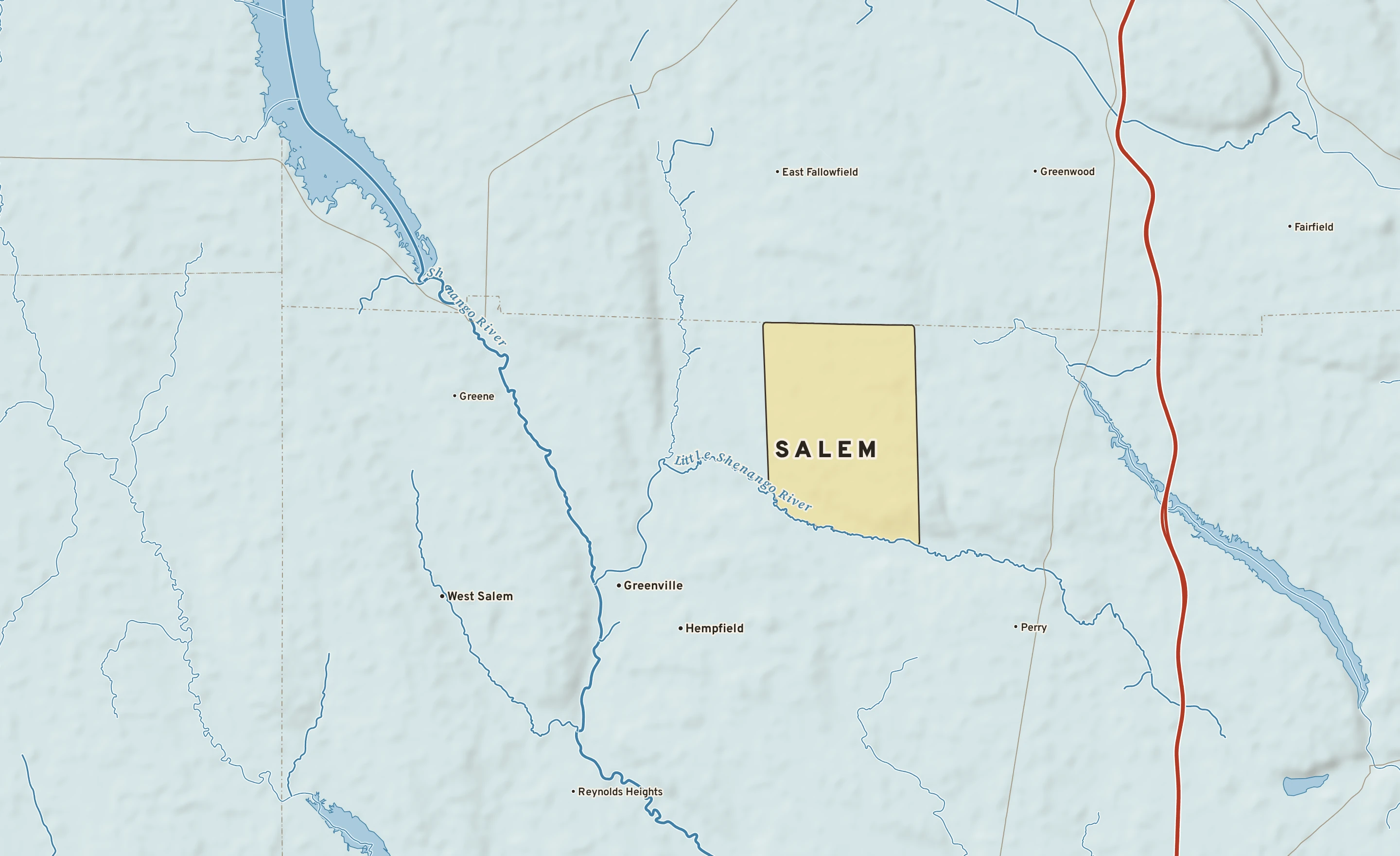 Shaded-relief atlas plate of Salem, Pennsylvania: rivers, roads, the city limits and where the water drains.