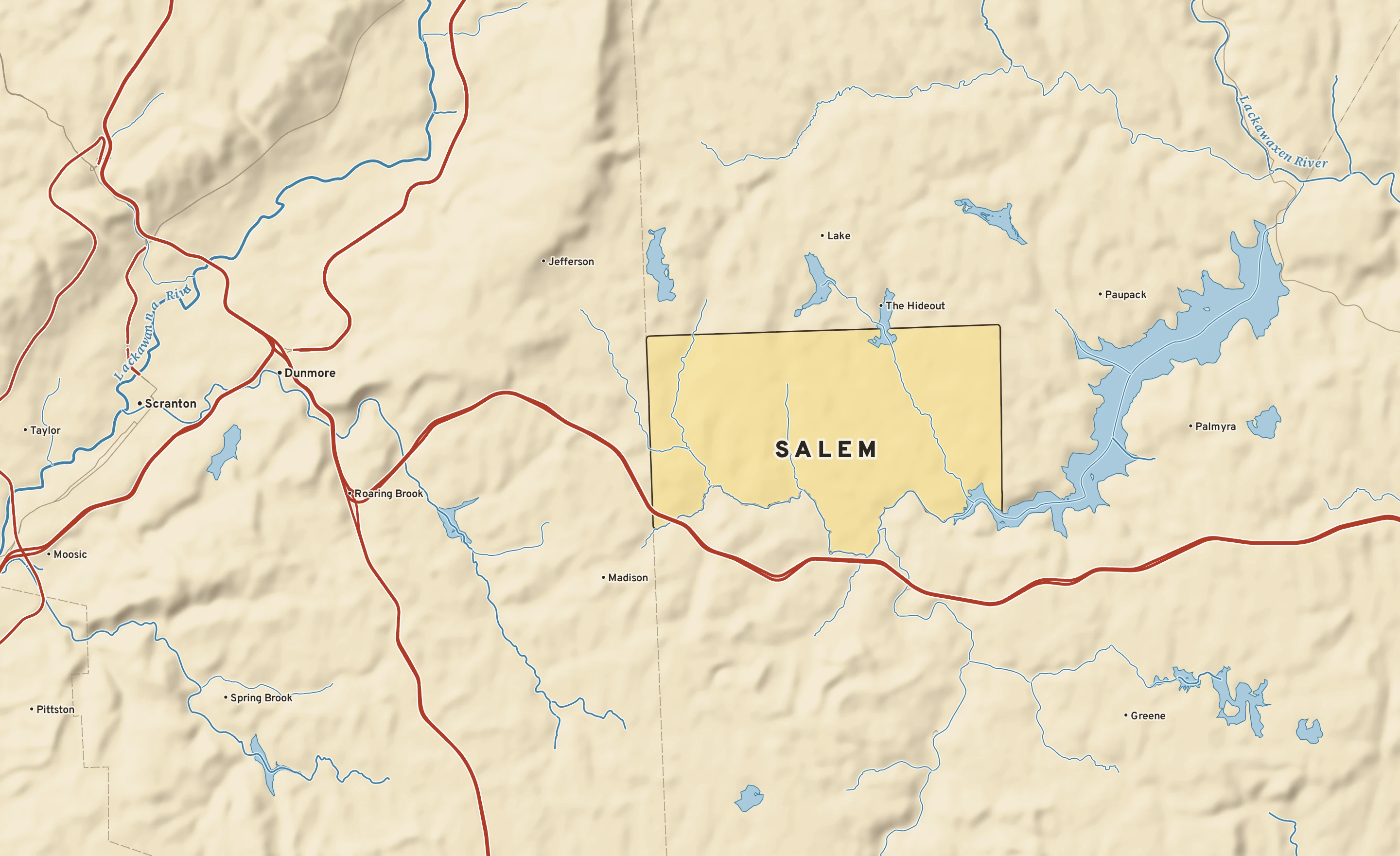 Shaded-relief atlas plate of Salem, Pennsylvania: rivers, roads, the city limits and where the water drains.