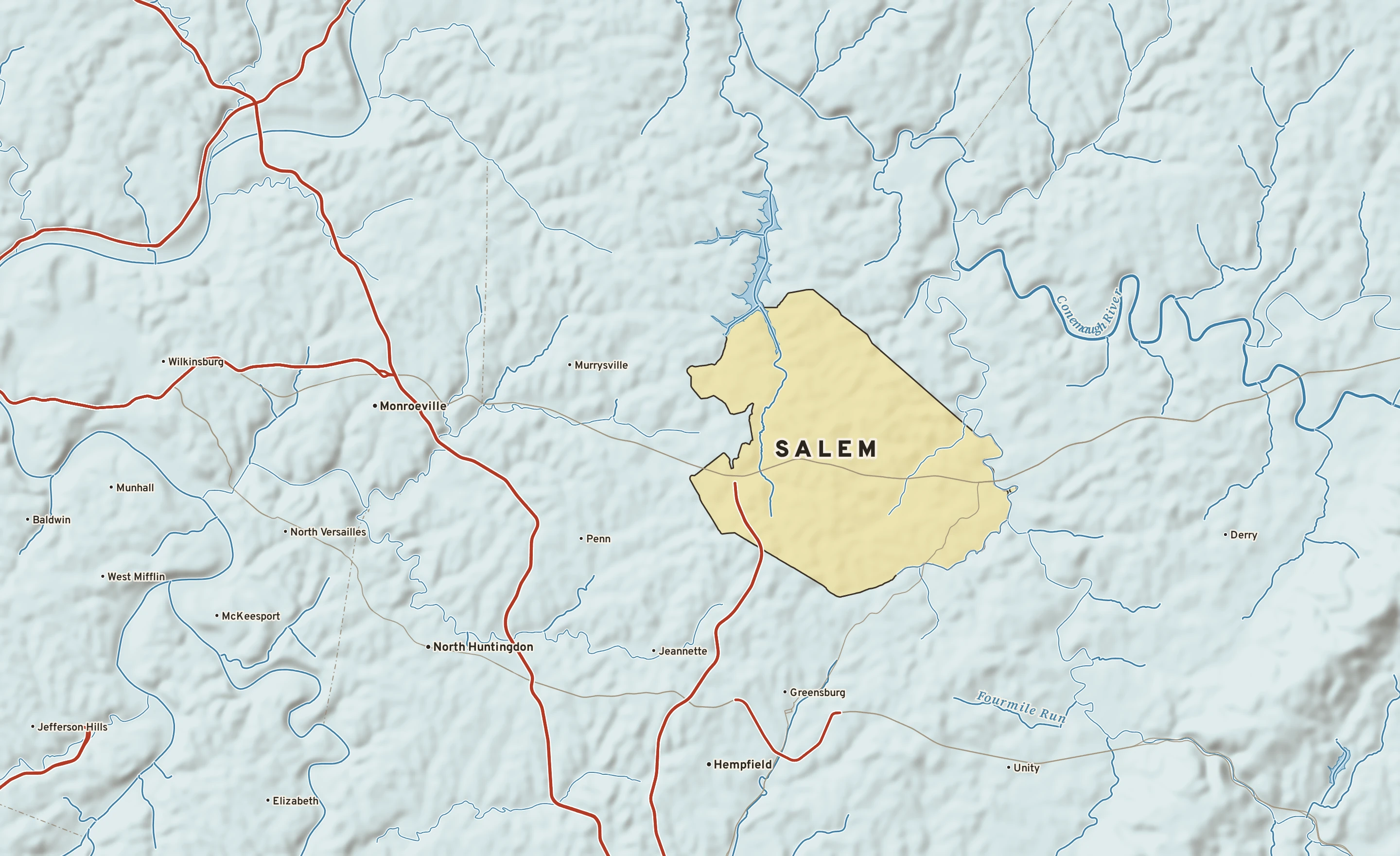 Shaded-relief atlas plate of Salem, Pennsylvania: rivers, roads, the city limits and where the water drains.