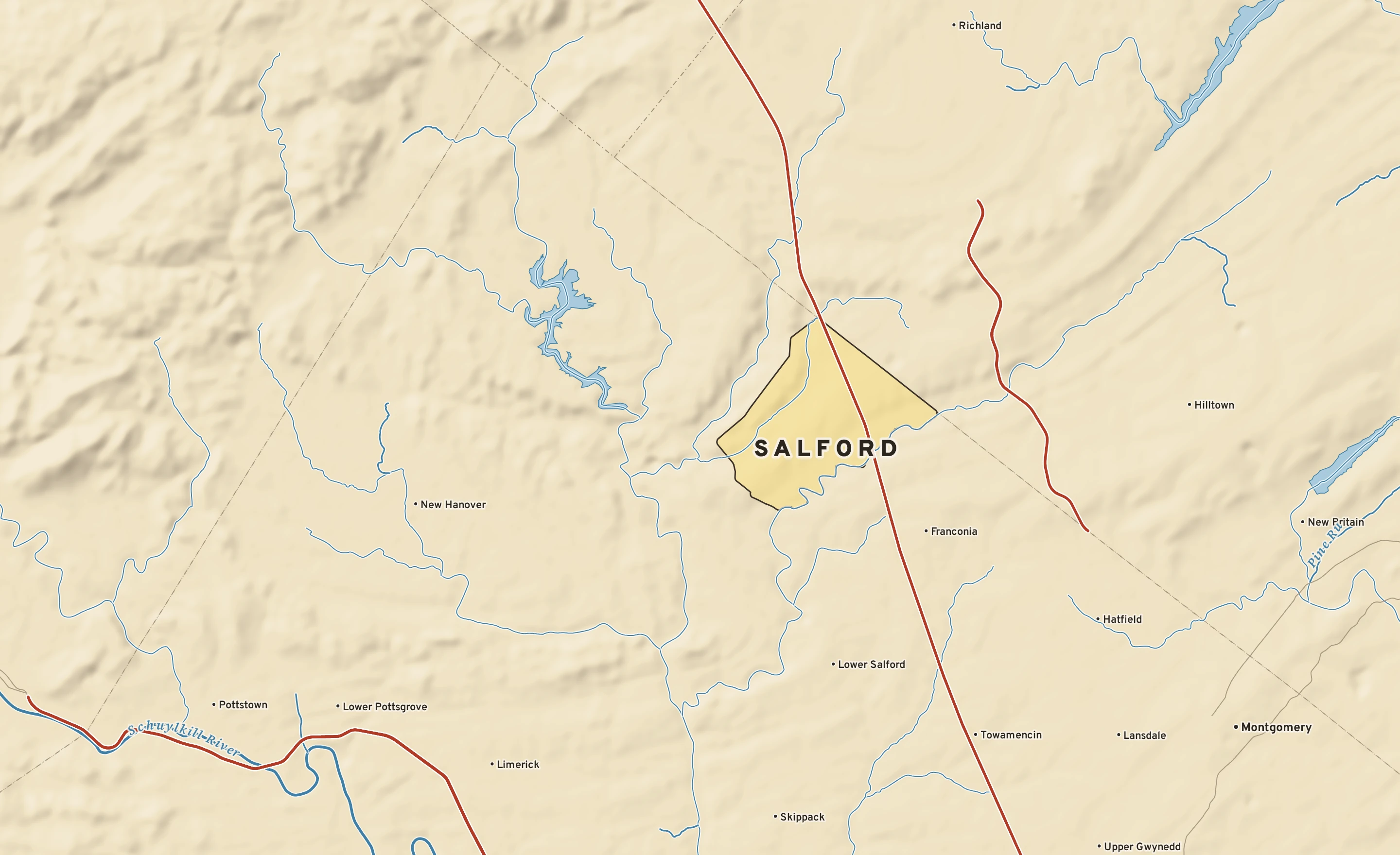 Shaded-relief atlas plate of Salford, Pennsylvania: rivers, roads, the city limits and where the water drains.