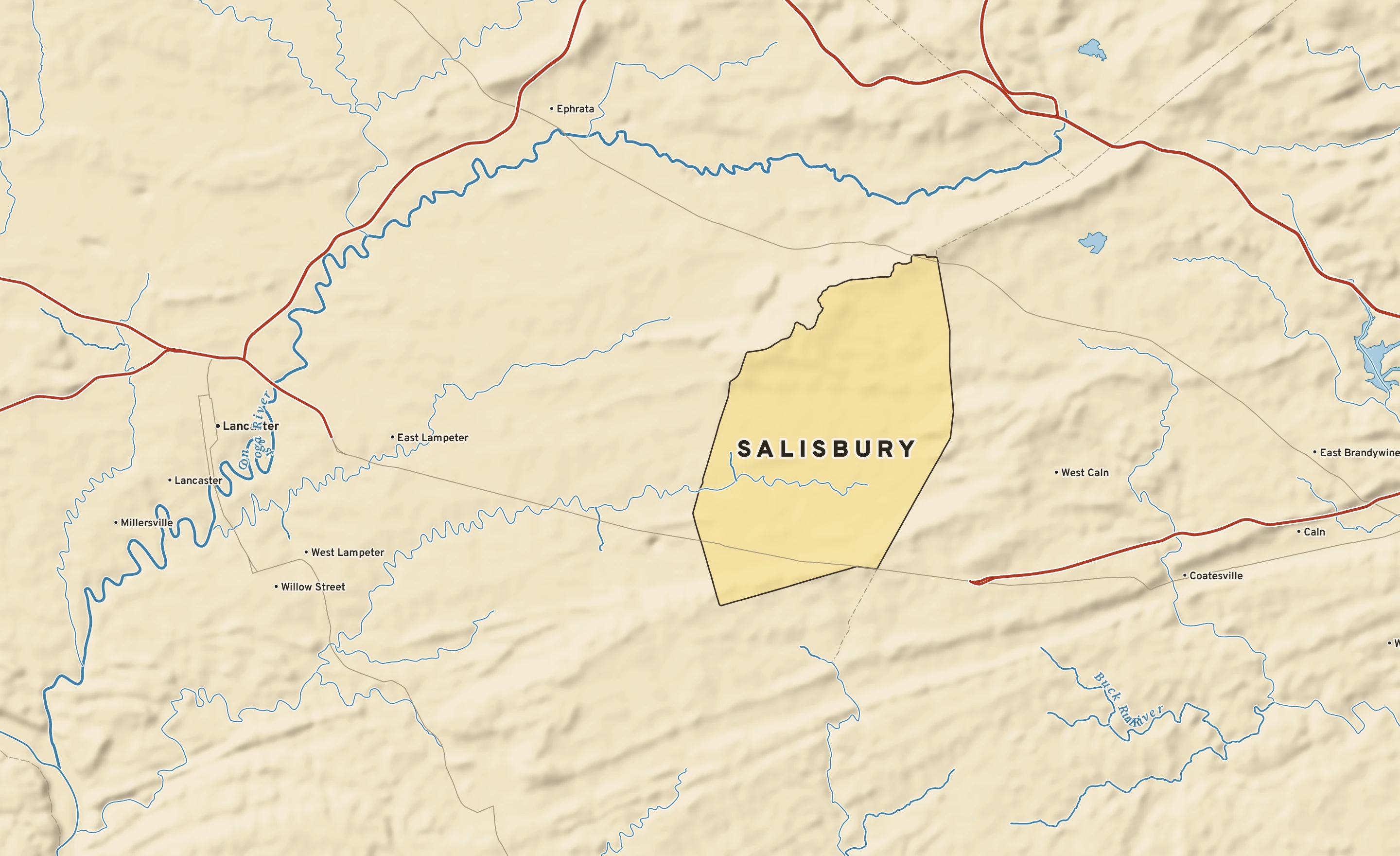 Shaded-relief atlas plate of Salisbury, Pennsylvania: rivers, roads, the city limits and where the water drains.