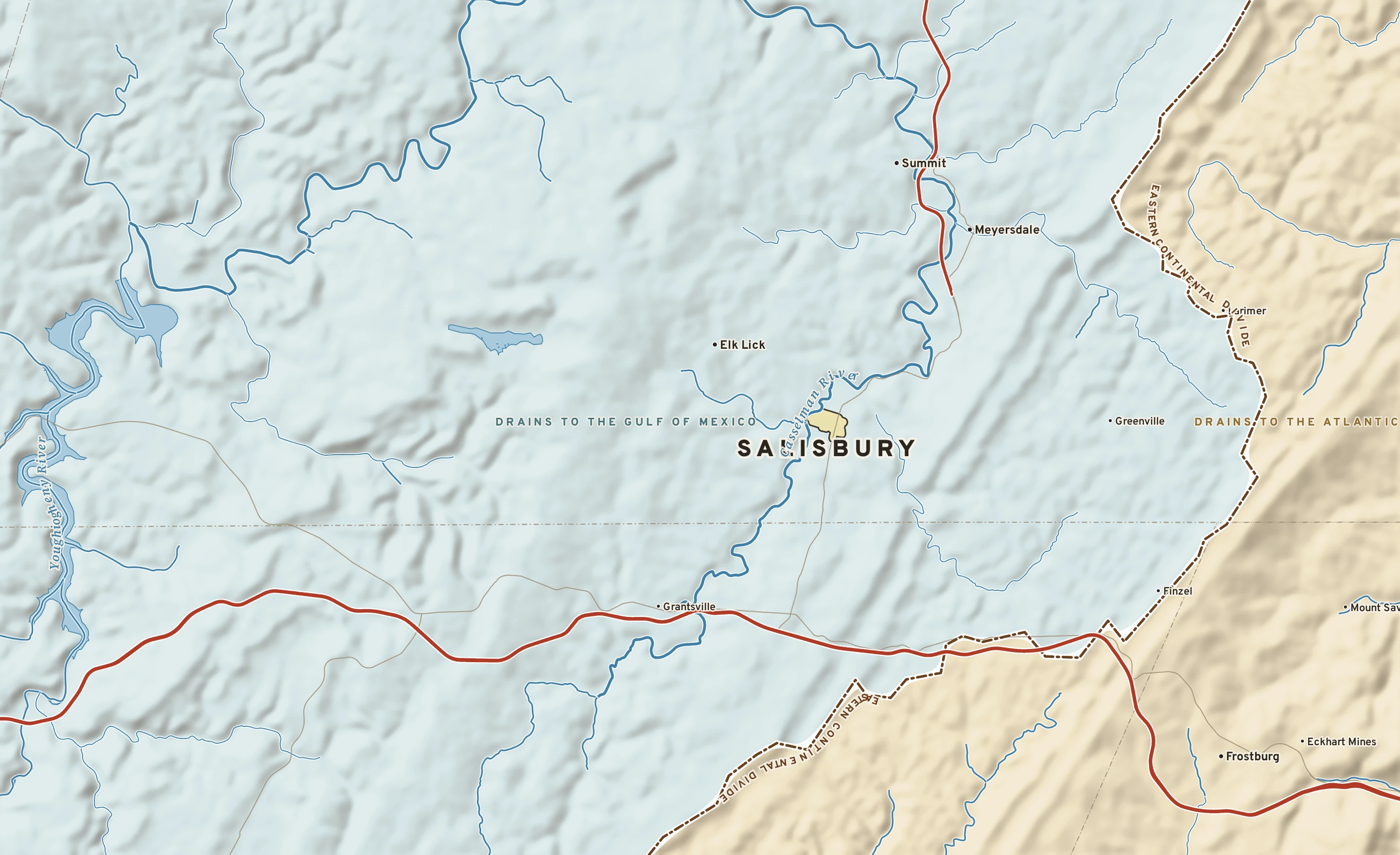 Shaded-relief atlas plate of Salisbury, Pennsylvania: rivers, roads, the city limits and where the water drains.