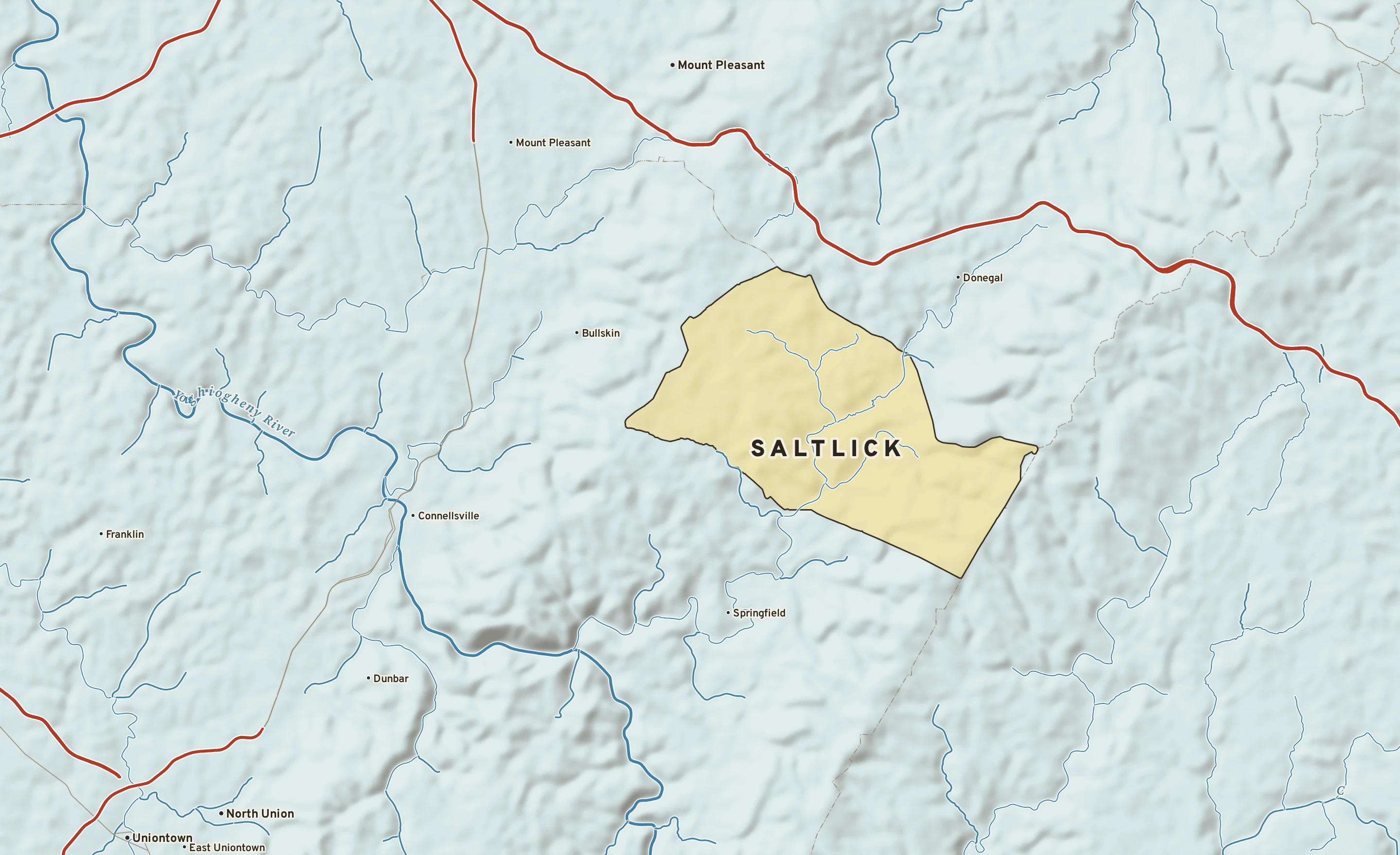Shaded-relief atlas plate of Saltlick, Pennsylvania: rivers, roads, the city limits and where the water drains.