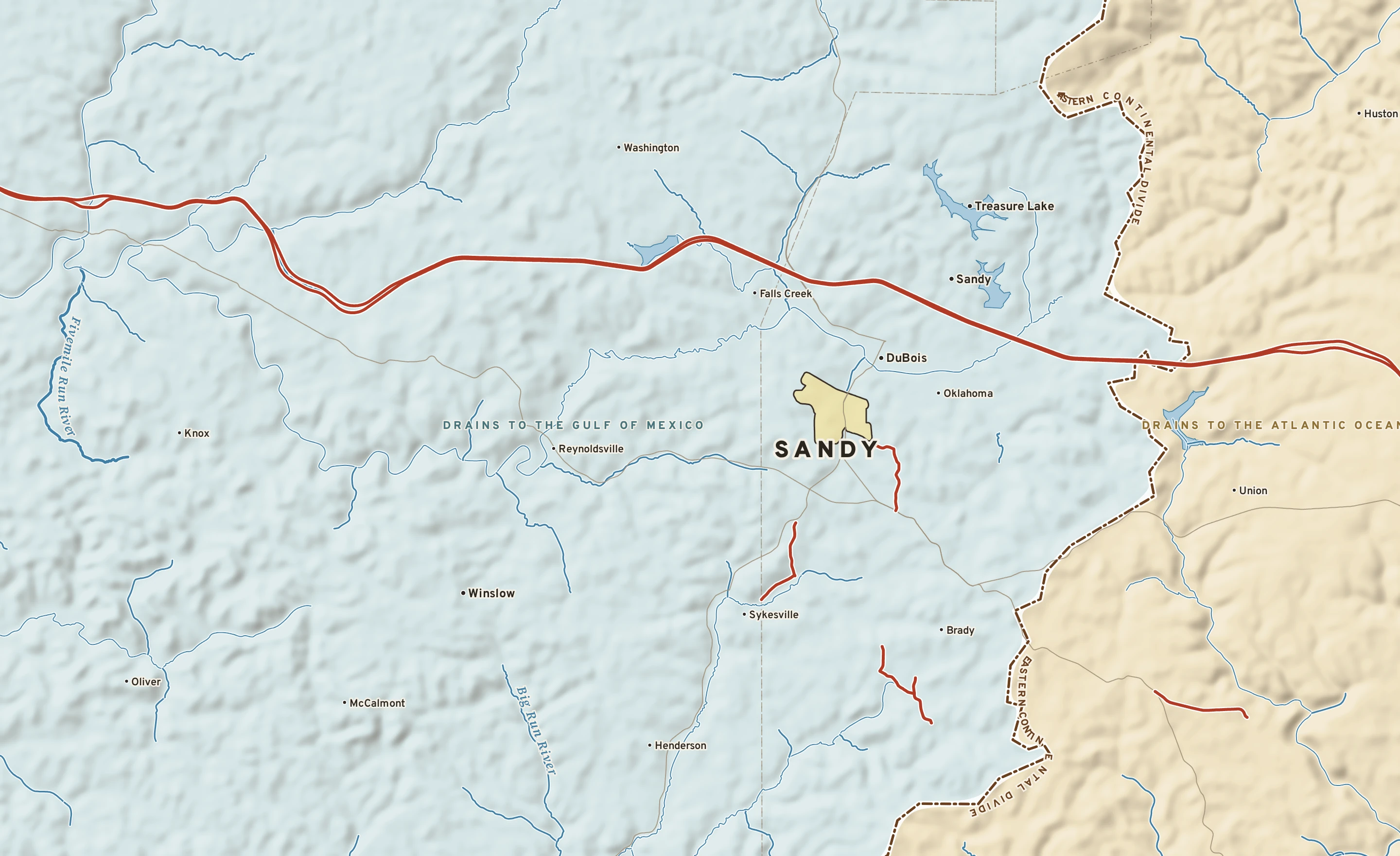 Shaded-relief atlas plate of Sandy, Pennsylvania: rivers, roads, the city limits and where the water drains.