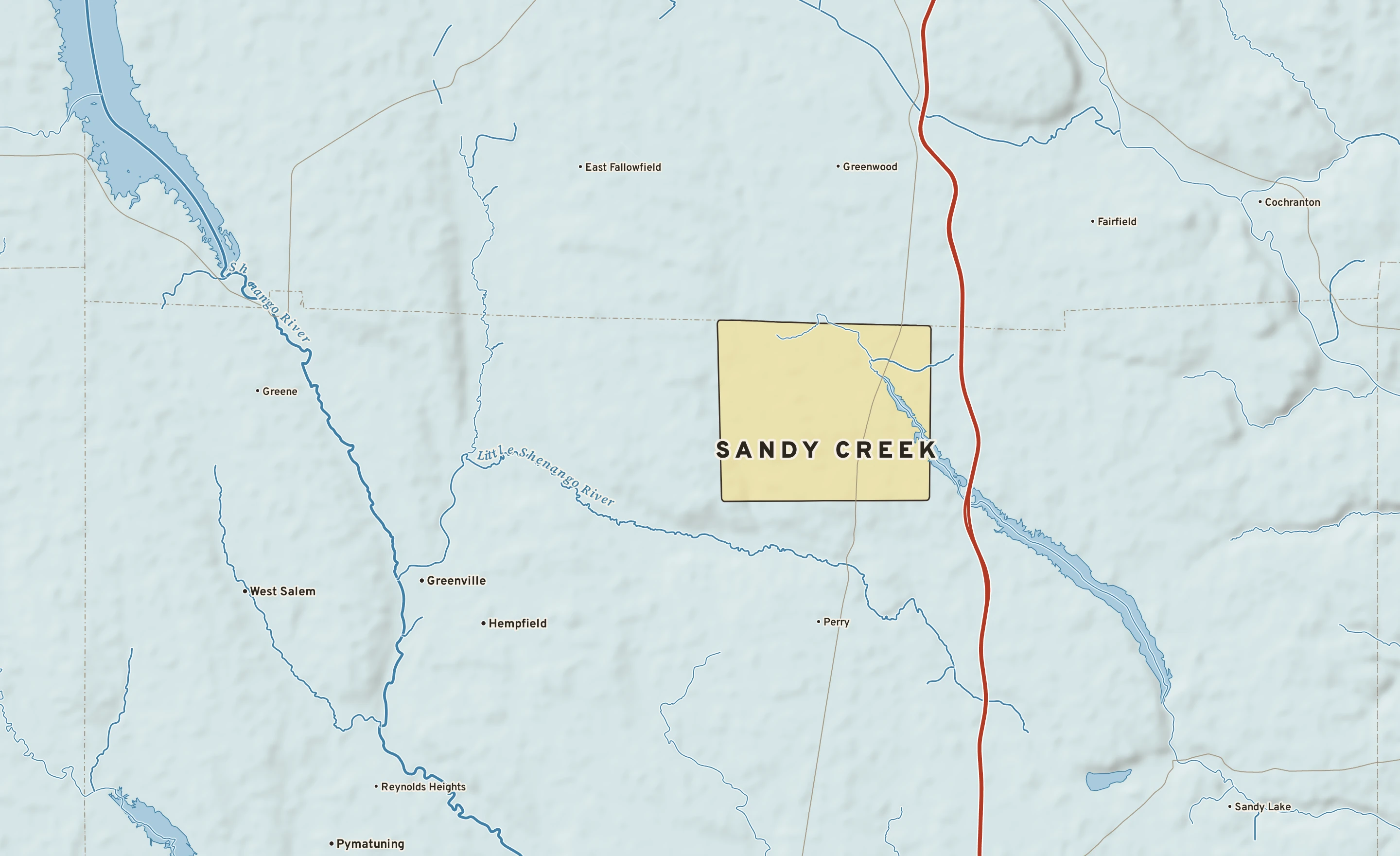Shaded-relief atlas plate of Sandy Creek, Pennsylvania: rivers, roads, the city limits and where the water drains.