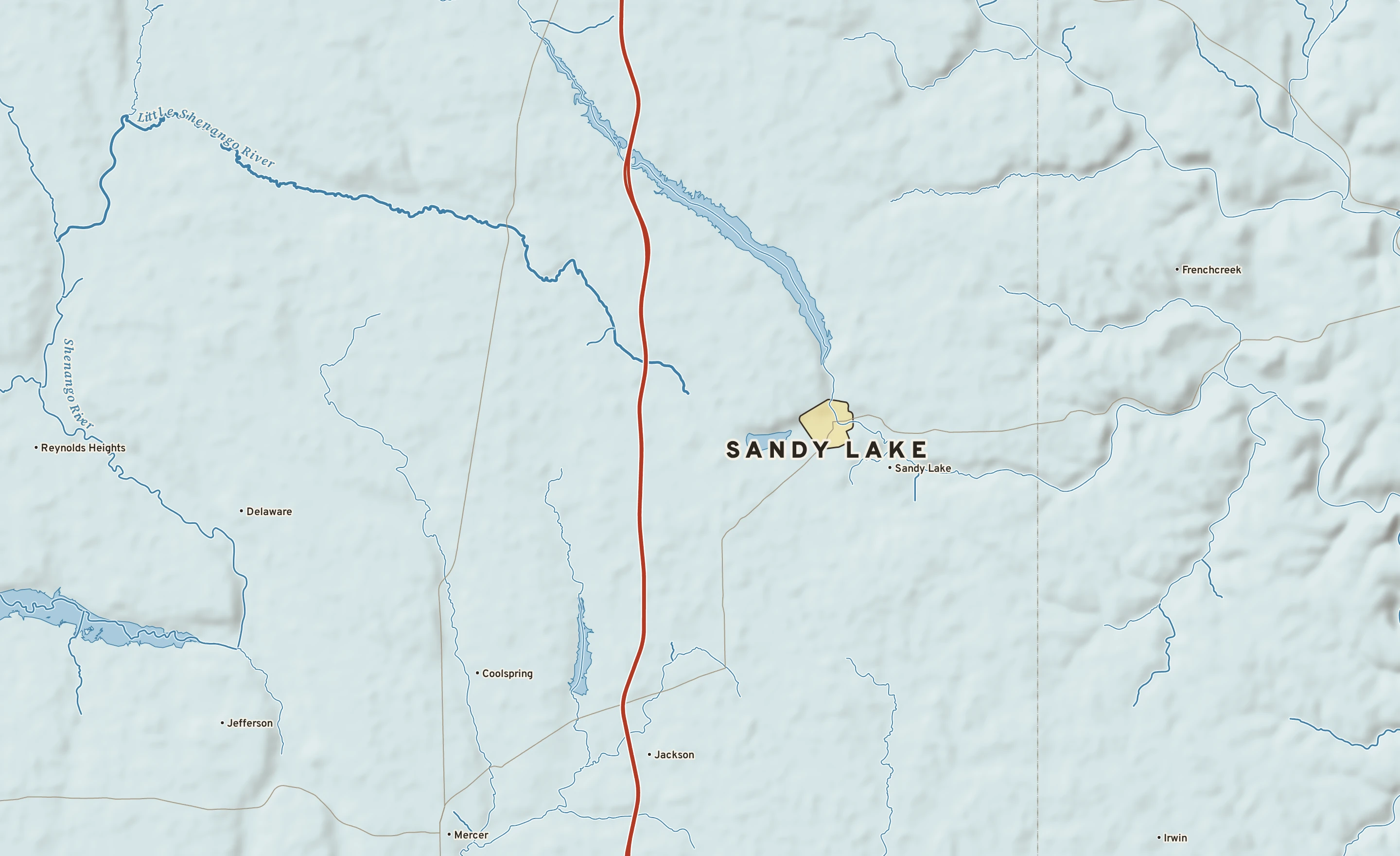 Shaded-relief atlas plate of Sandy Lake, Pennsylvania: rivers, roads, the city limits and where the water drains.