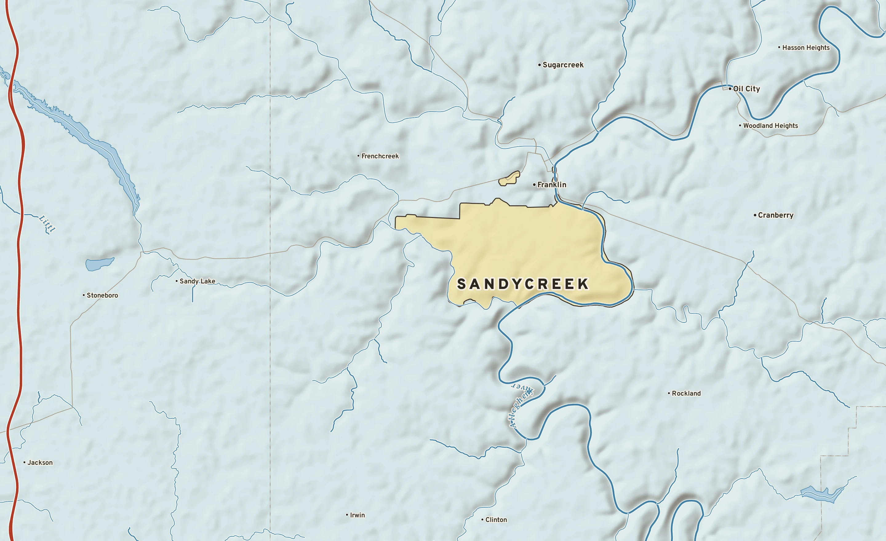 Shaded-relief atlas plate of Sandycreek, Pennsylvania: rivers, roads, the city limits and where the water drains.