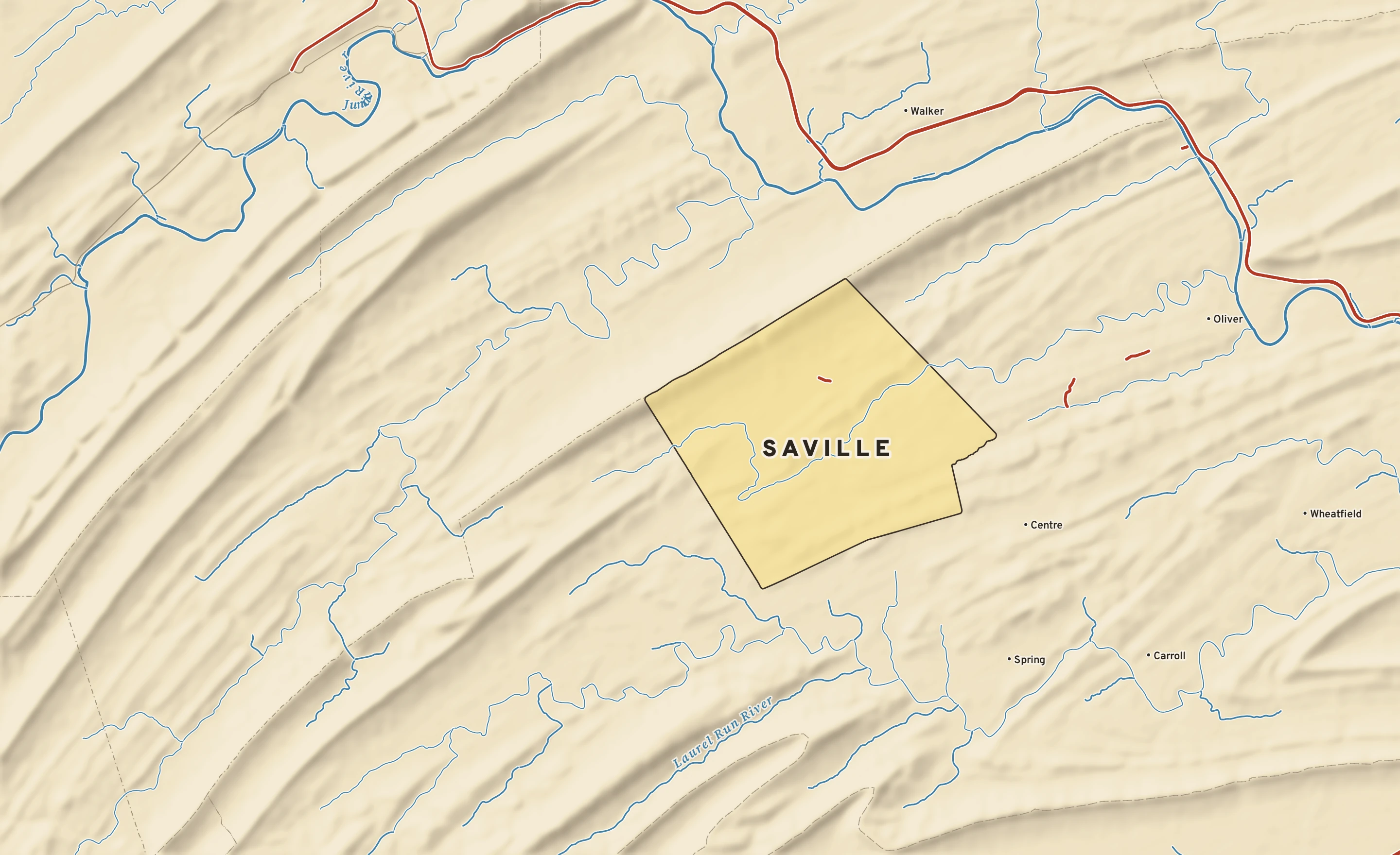 Shaded-relief atlas plate of Saville, Pennsylvania: rivers, roads, the city limits and where the water drains.
