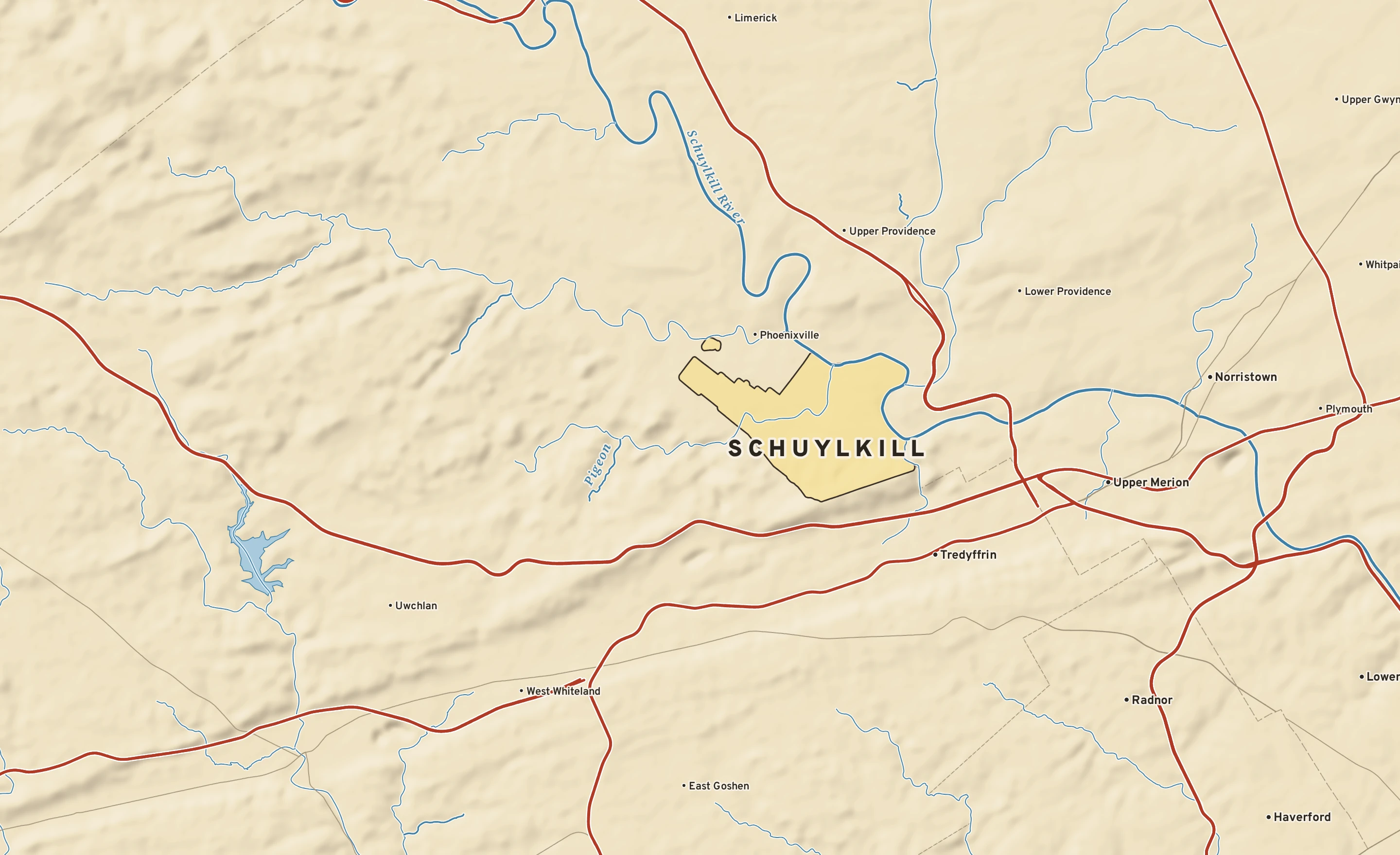 Shaded-relief atlas plate of Schuylkill, Pennsylvania: rivers, roads, the city limits and where the water drains.