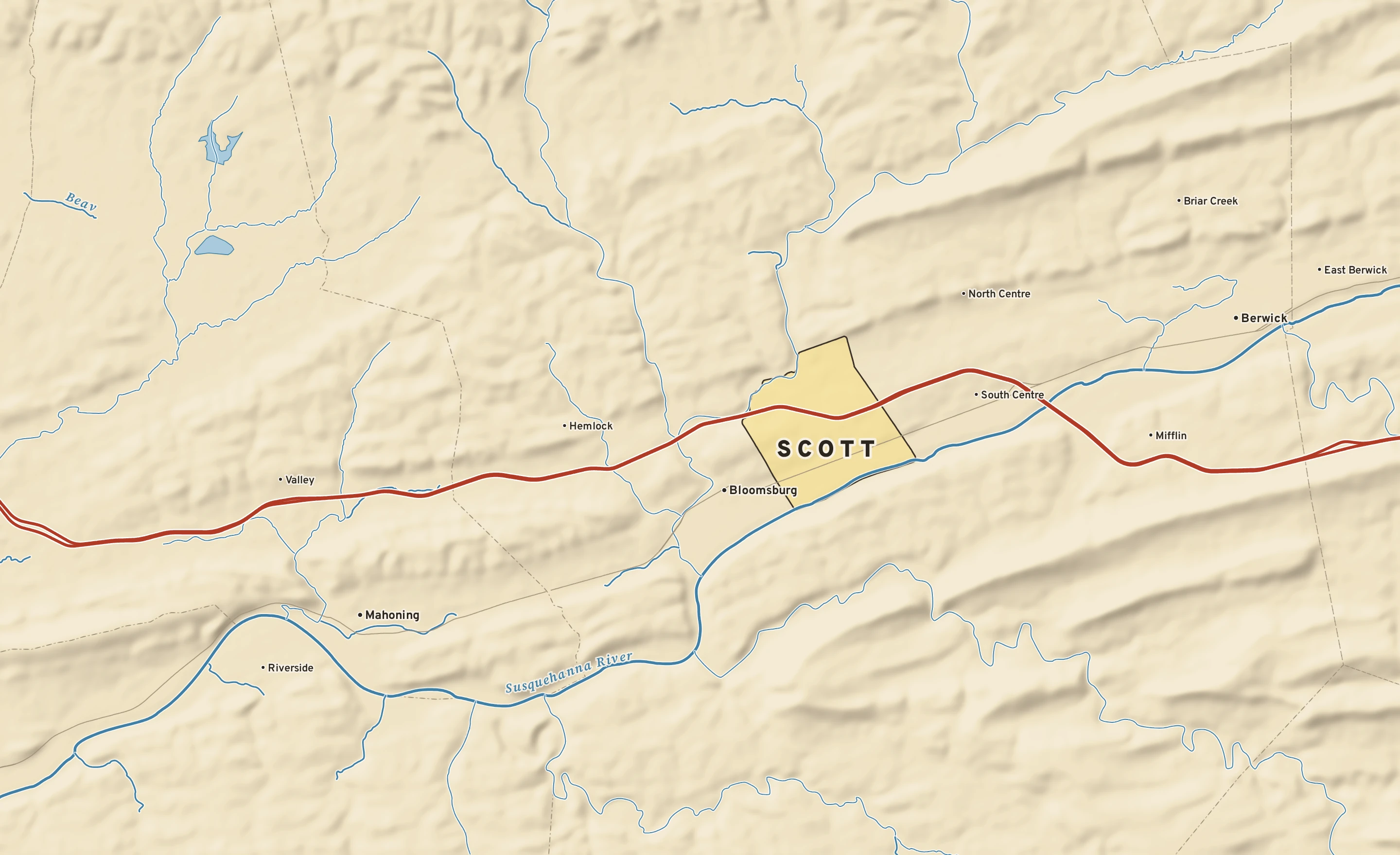 Shaded-relief atlas plate of Scott, Pennsylvania: rivers, roads, the city limits and where the water drains.
