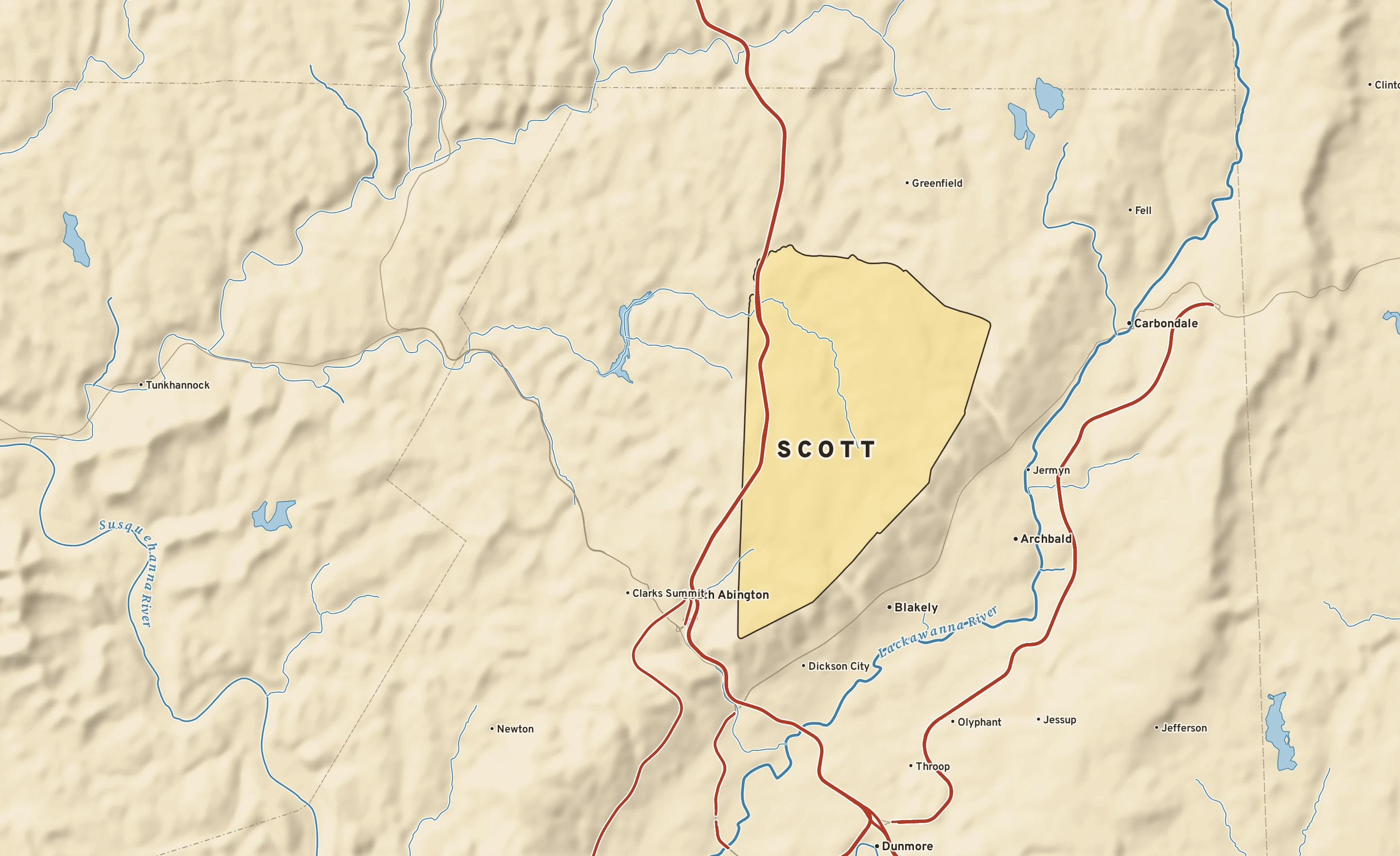 Shaded-relief atlas plate of Scott, Pennsylvania: rivers, roads, the city limits and where the water drains.