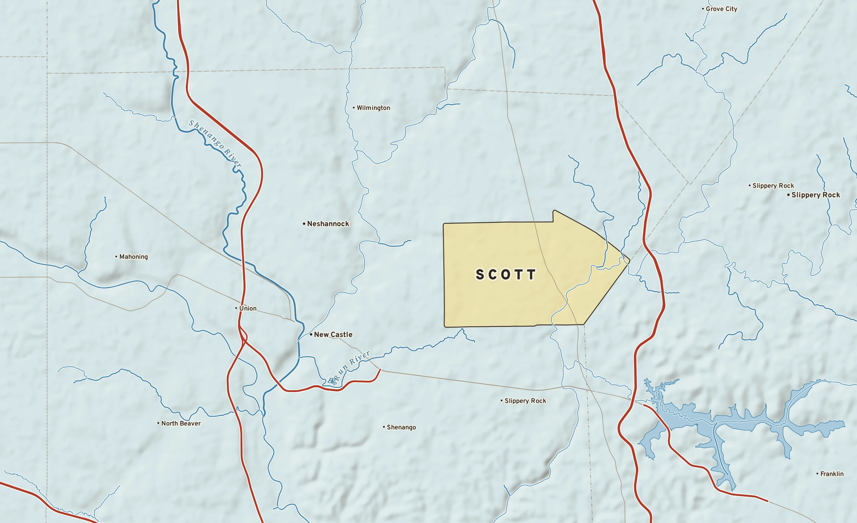 Shaded-relief atlas plate of Scott, Pennsylvania: rivers, roads, the city limits and where the water drains.