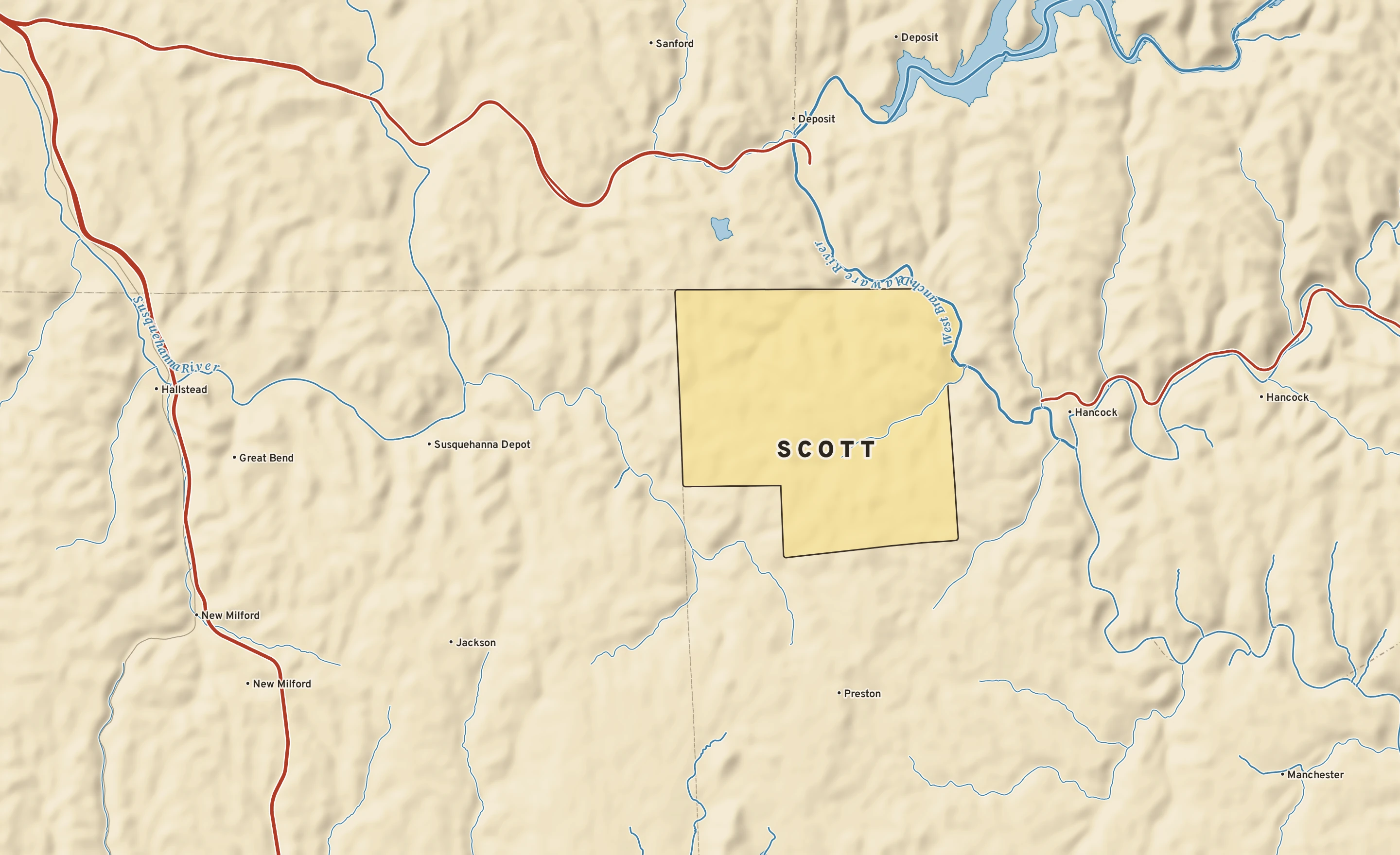 Shaded-relief atlas plate of Scott, Pennsylvania: rivers, roads, the city limits and where the water drains.