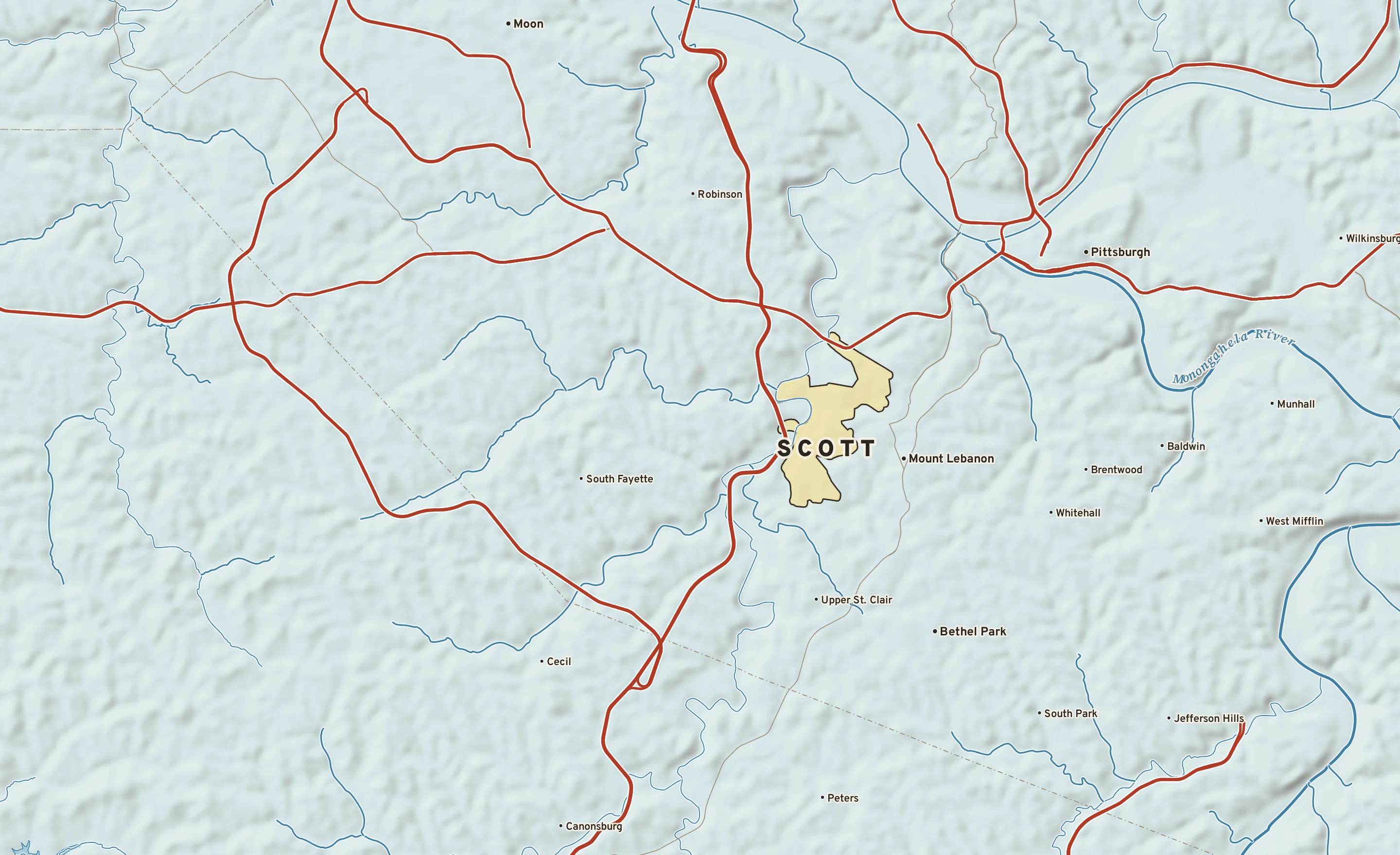Shaded-relief atlas plate of Scott, Pennsylvania: rivers, roads, the city limits and where the water drains.