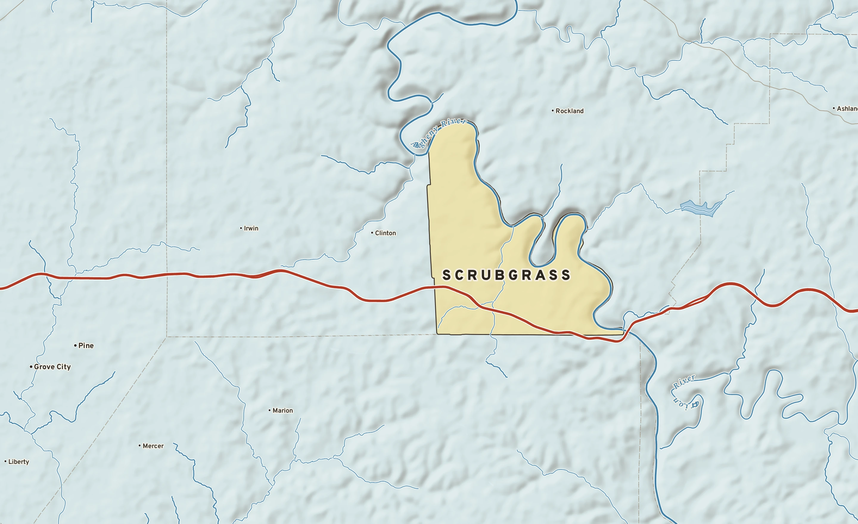 Shaded-relief atlas plate of Scrubgrass, Pennsylvania: rivers, roads, the city limits and where the water drains.