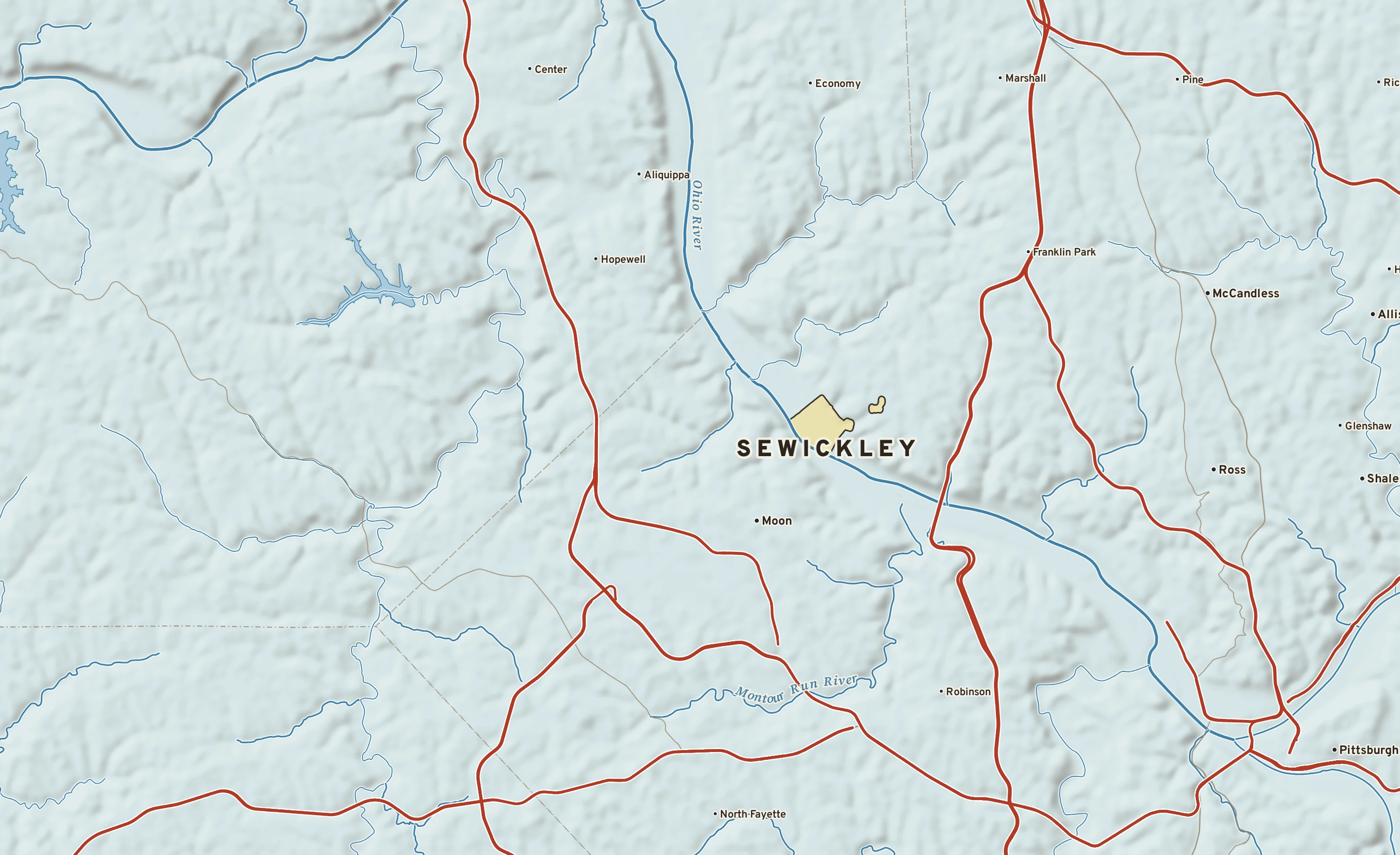Shaded-relief atlas plate of Sewickley, Pennsylvania: rivers, roads, the city limits and where the water drains.