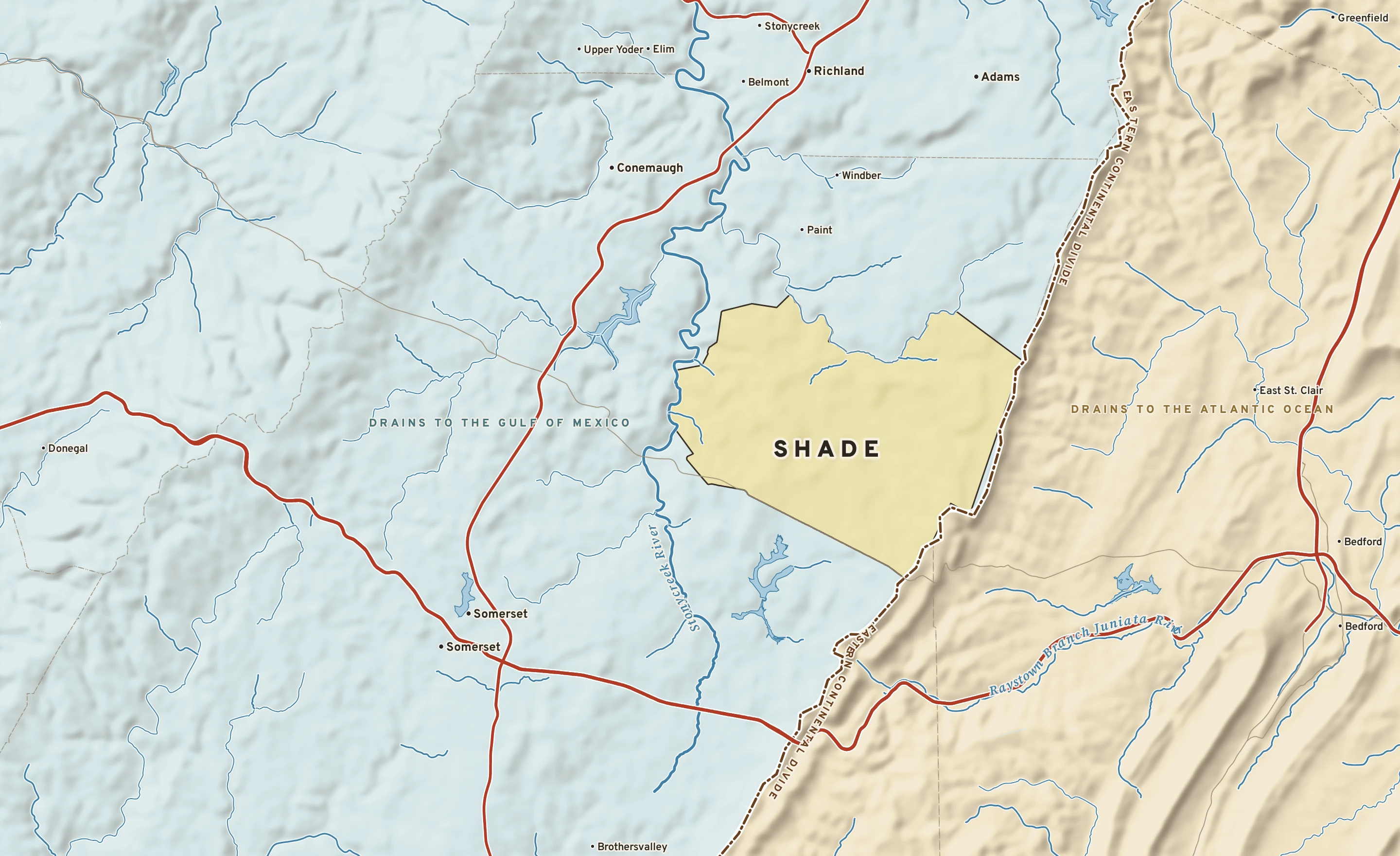Shaded-relief atlas plate of Shade, Pennsylvania: rivers, roads, the city limits and where the water drains.