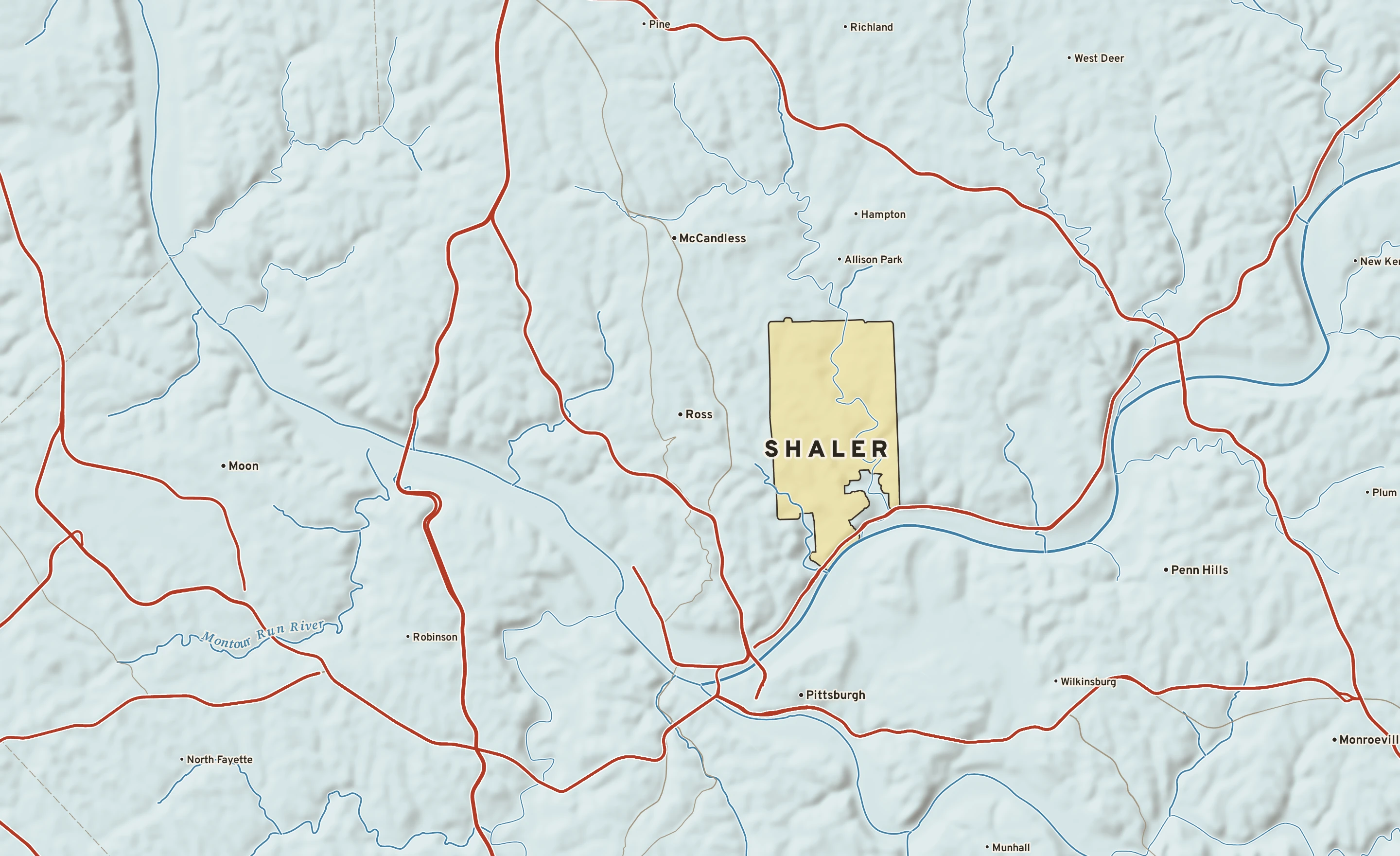 Shaded-relief atlas plate of Shaler, Pennsylvania: rivers, roads, the city limits and where the water drains.