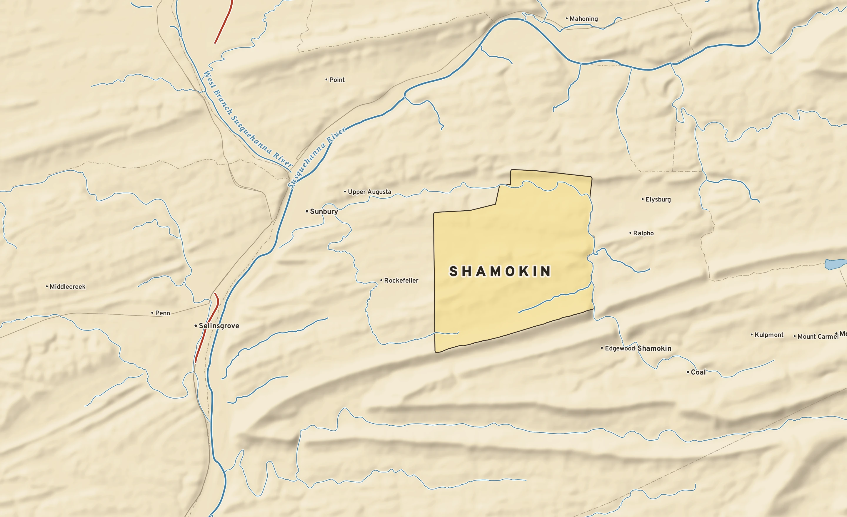 Shaded-relief atlas plate of Shamokin, Pennsylvania: rivers, roads, the city limits and where the water drains.