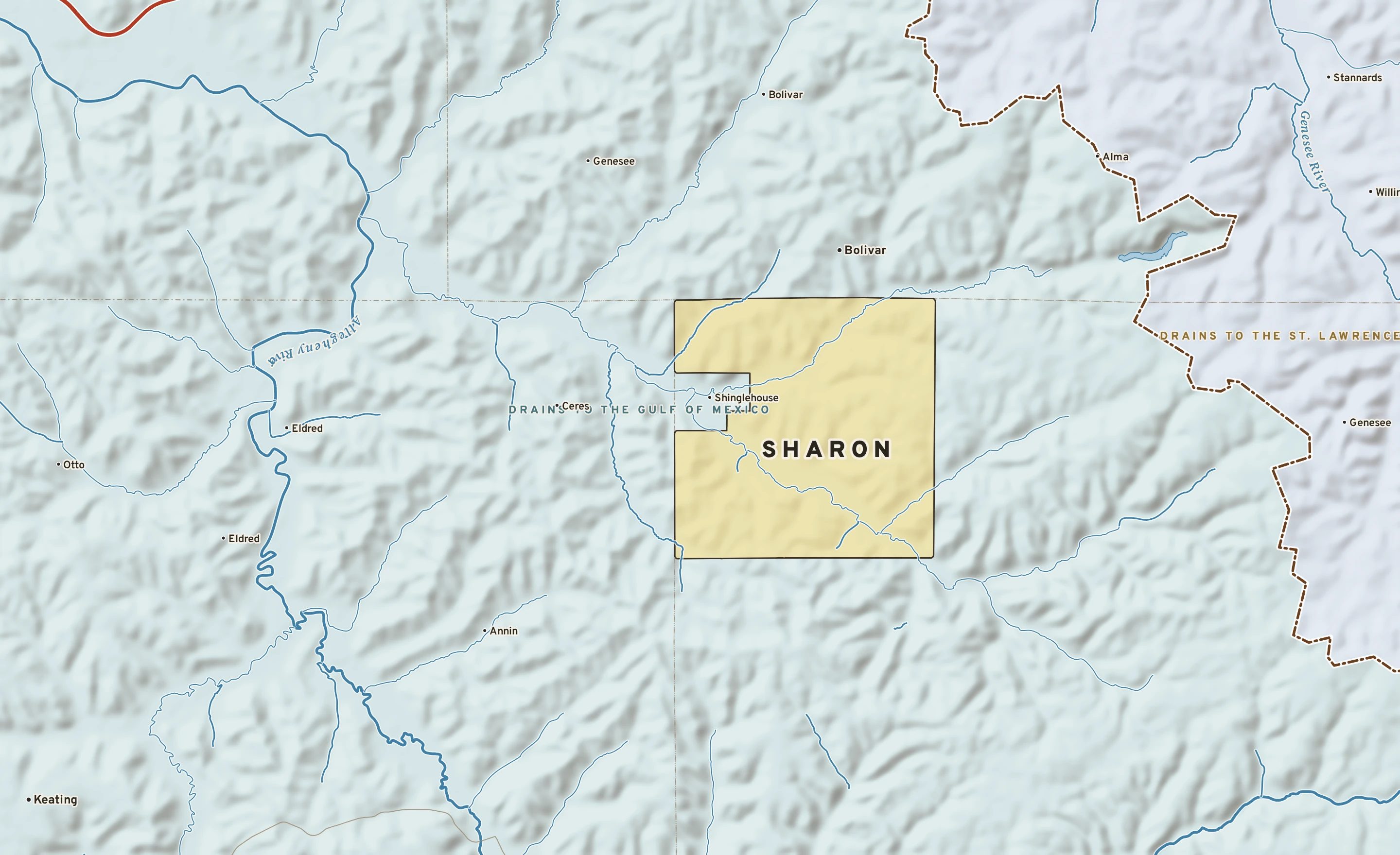 Shaded-relief atlas plate of Sharon, Pennsylvania: rivers, roads, the city limits and where the water drains.